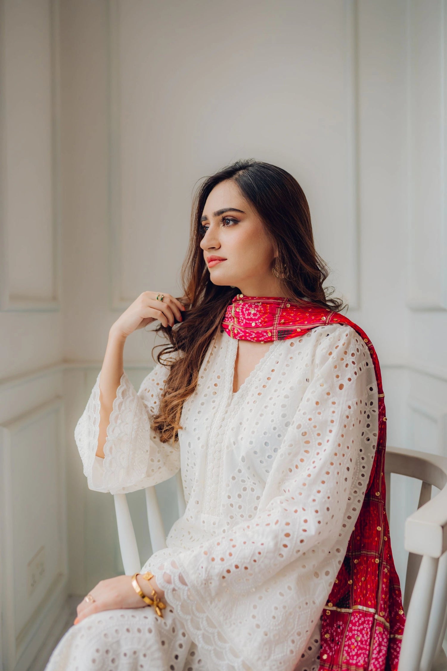 White chikan lawn kurta set with Indian Chunri dupatta by Eleganza