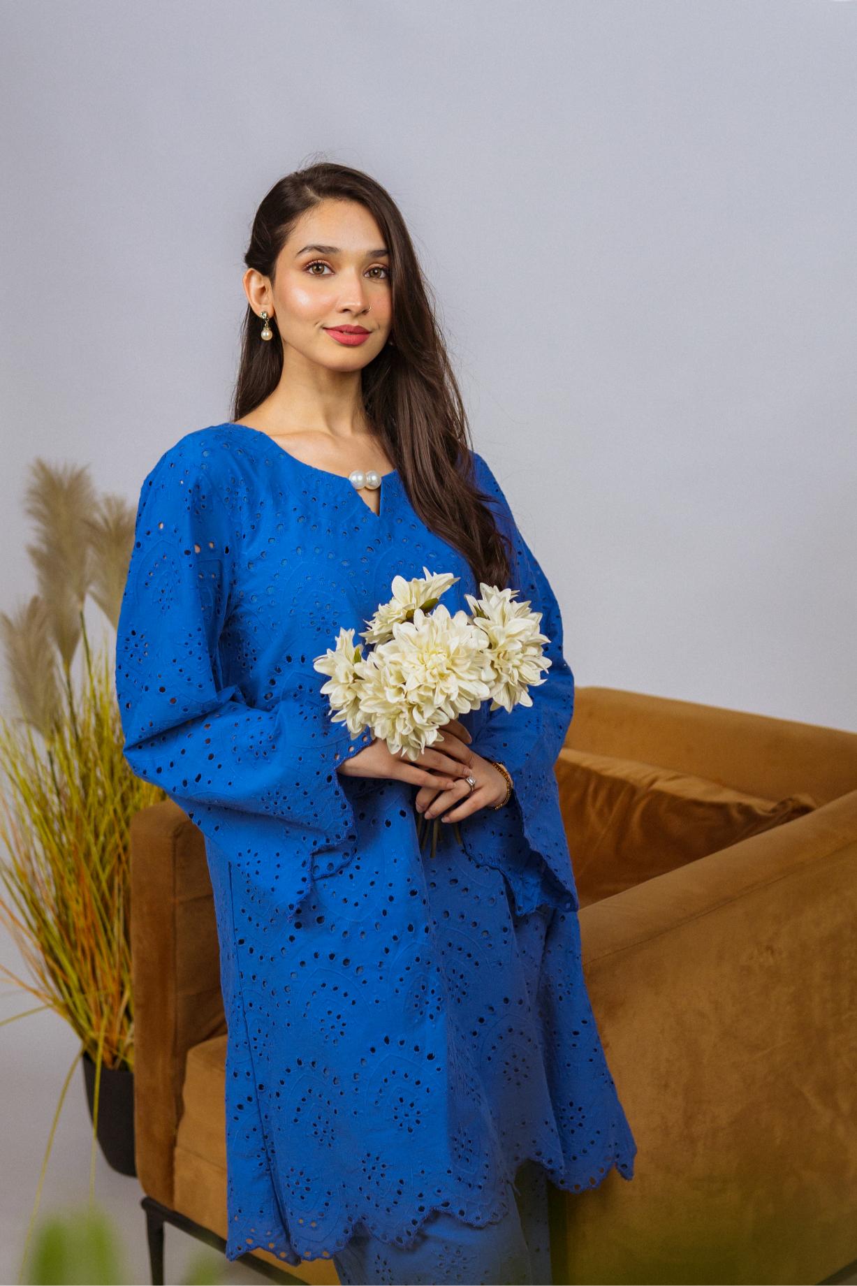 Elegant Shifli Chikan Cord Set featuring intricate embroidery, a button-down top, and matching flared pants for versatile styling.