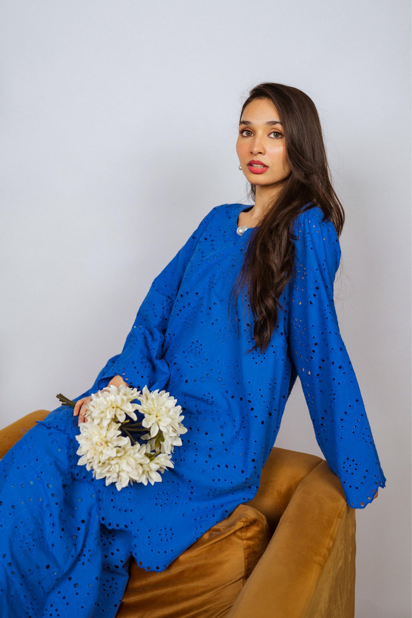 Elegant Shifli Chikan Cord Set featuring intricate embroidery, a button-down top, and matching flared pants for versatile styling.