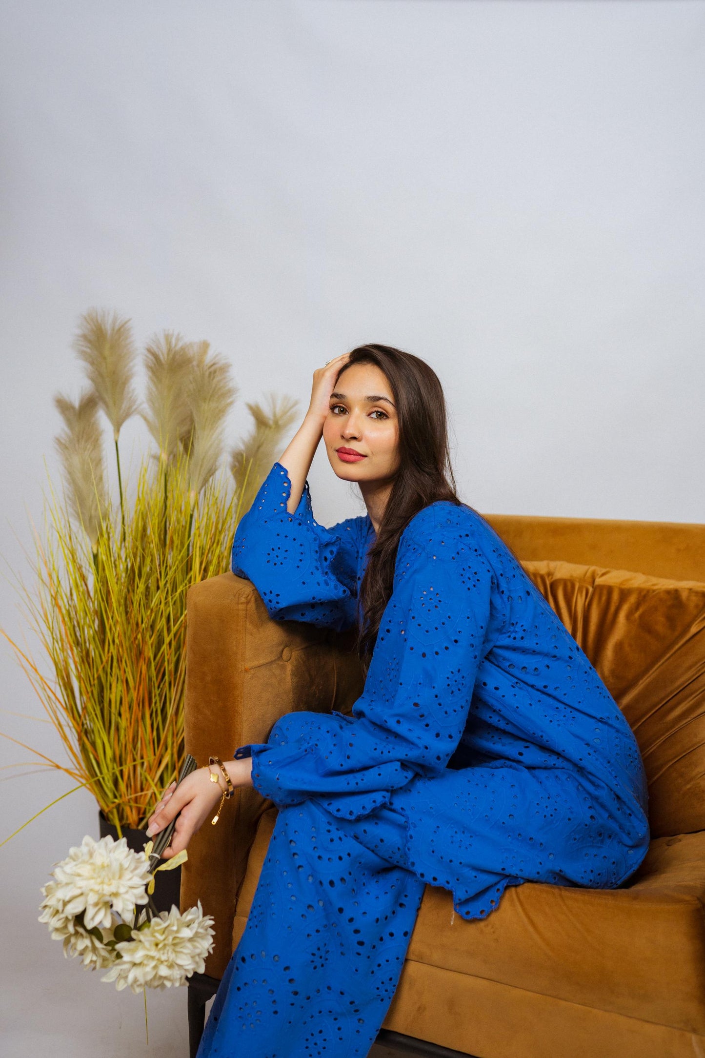Elegant Shifli Chikan Cord Set featuring intricate embroidery, a button-down top, and matching flared pants for versatile styling.