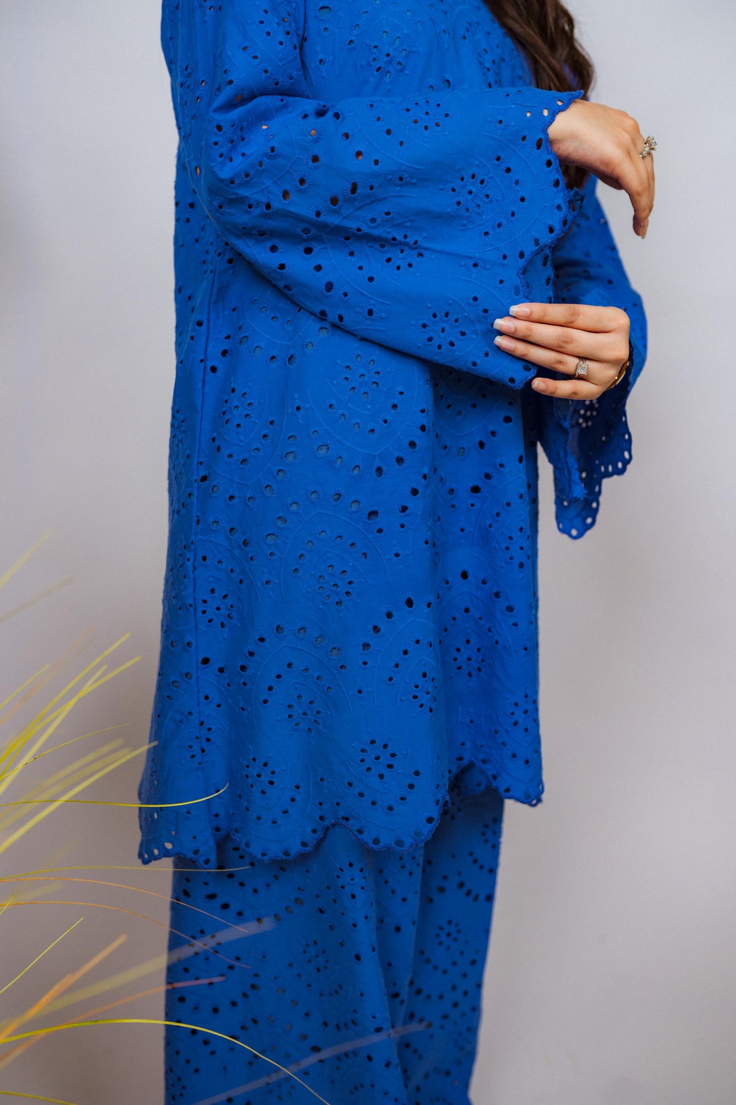 Elegant Shifli Chikan Cord Set featuring intricate embroidery, a button-down top, and matching flared pants for versatile styling.