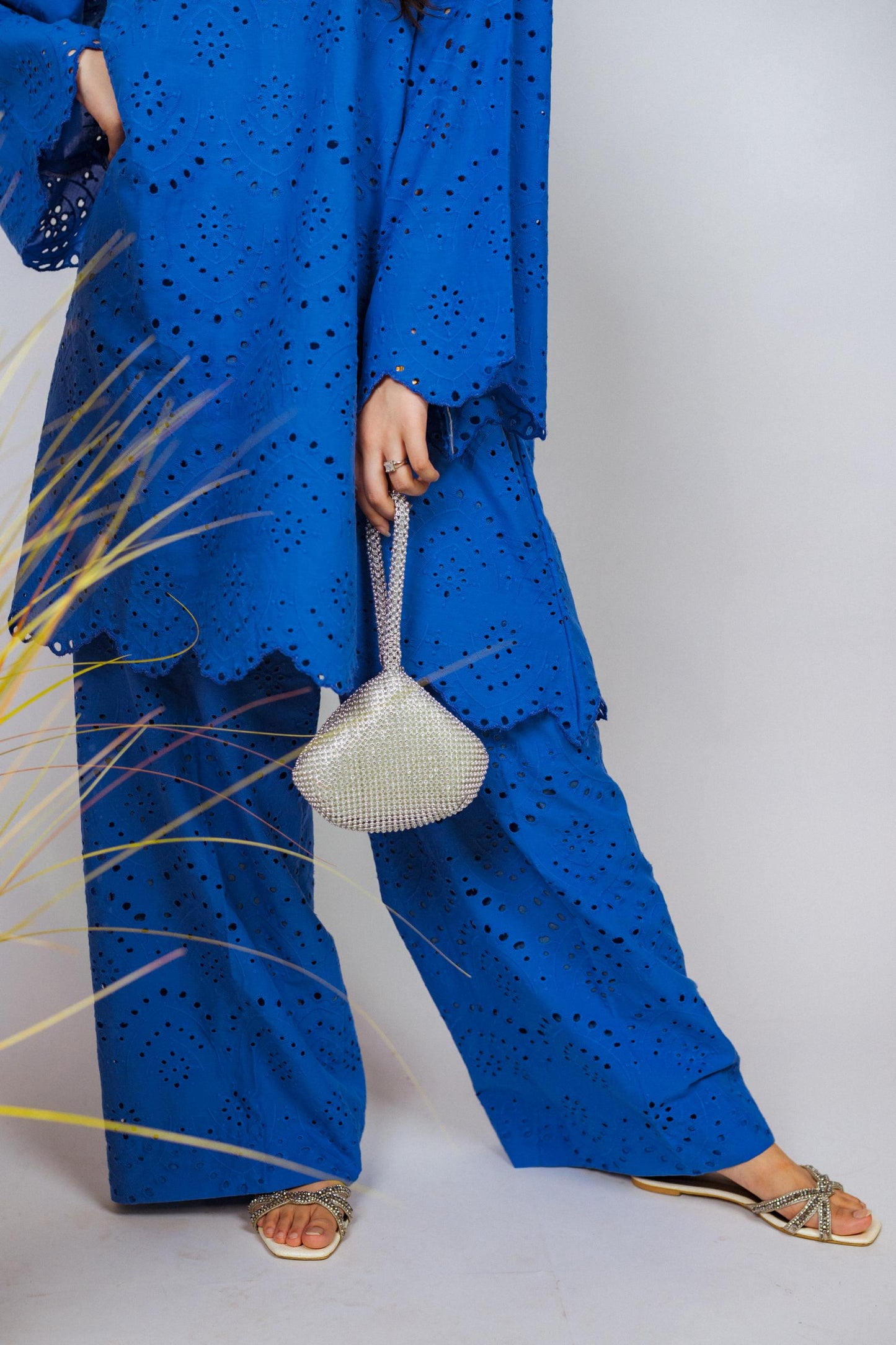 Elegant Shifli Chikan Cord Set featuring intricate embroidery, a button-down top, and matching flared pants for versatile styling.