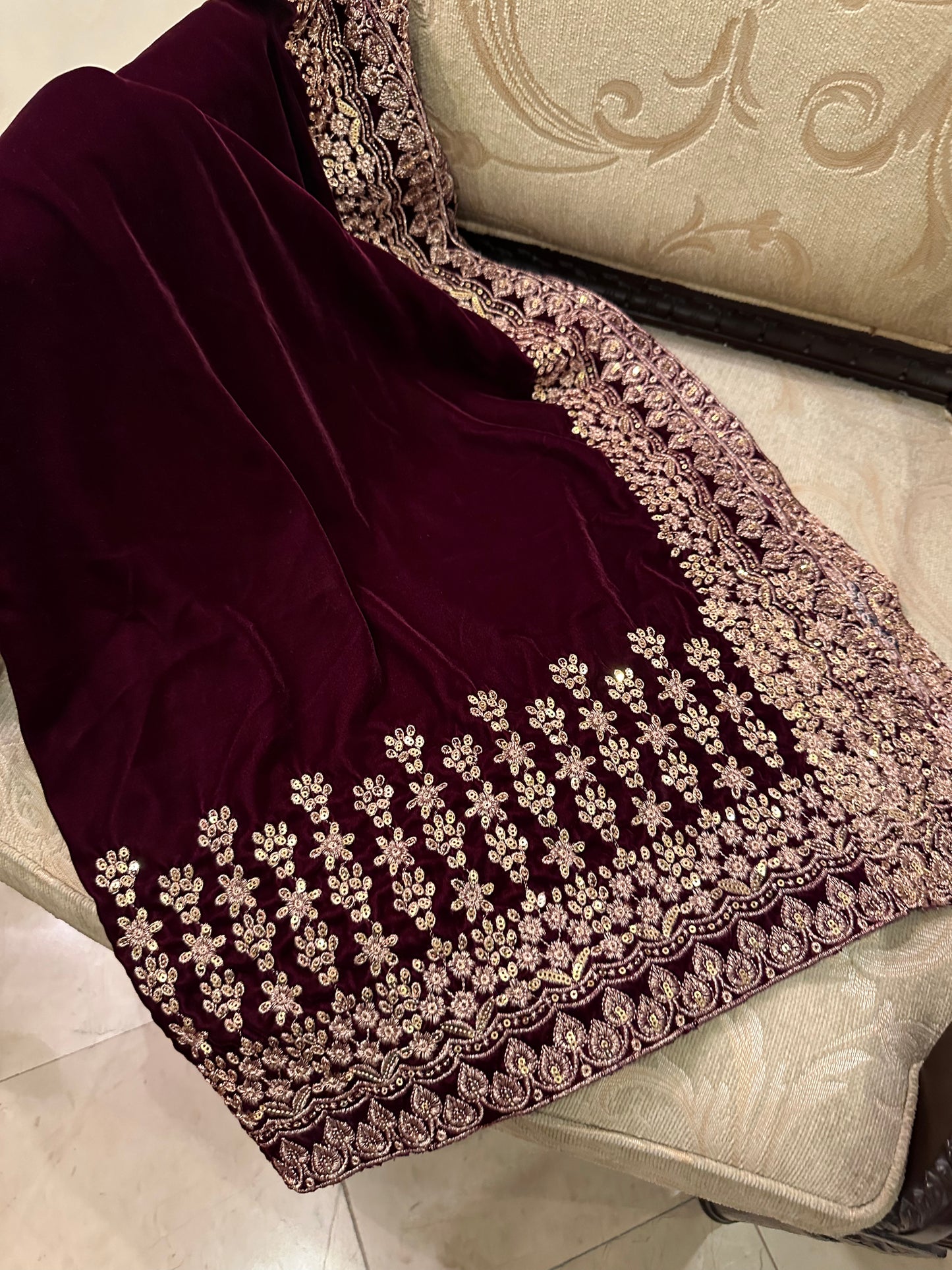 VT-152 Royal Tila sequence mix embroidered unisex velvet shawl