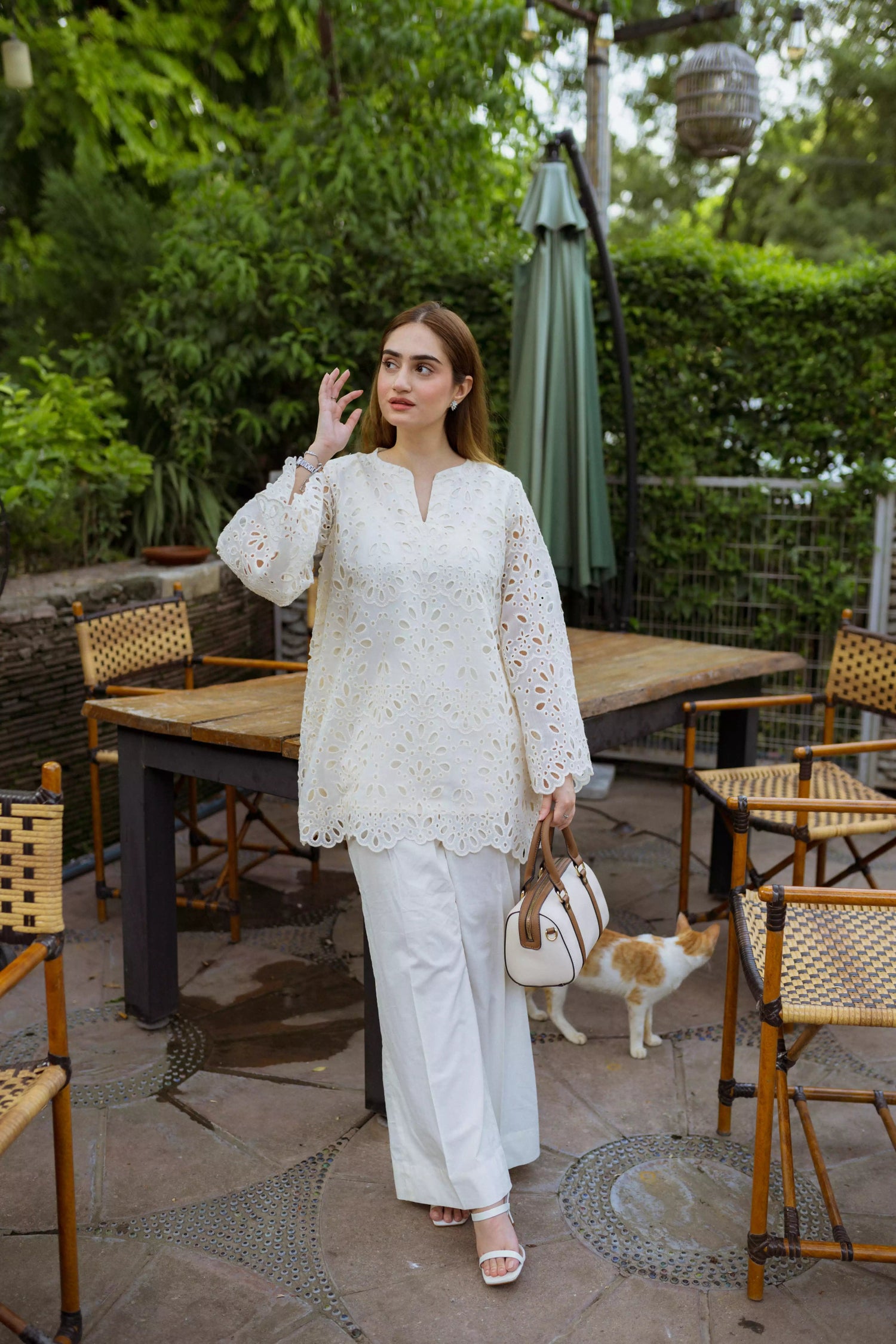 Off-white Shiffli Chikan embroidered co-ord set with boot-cut trousers