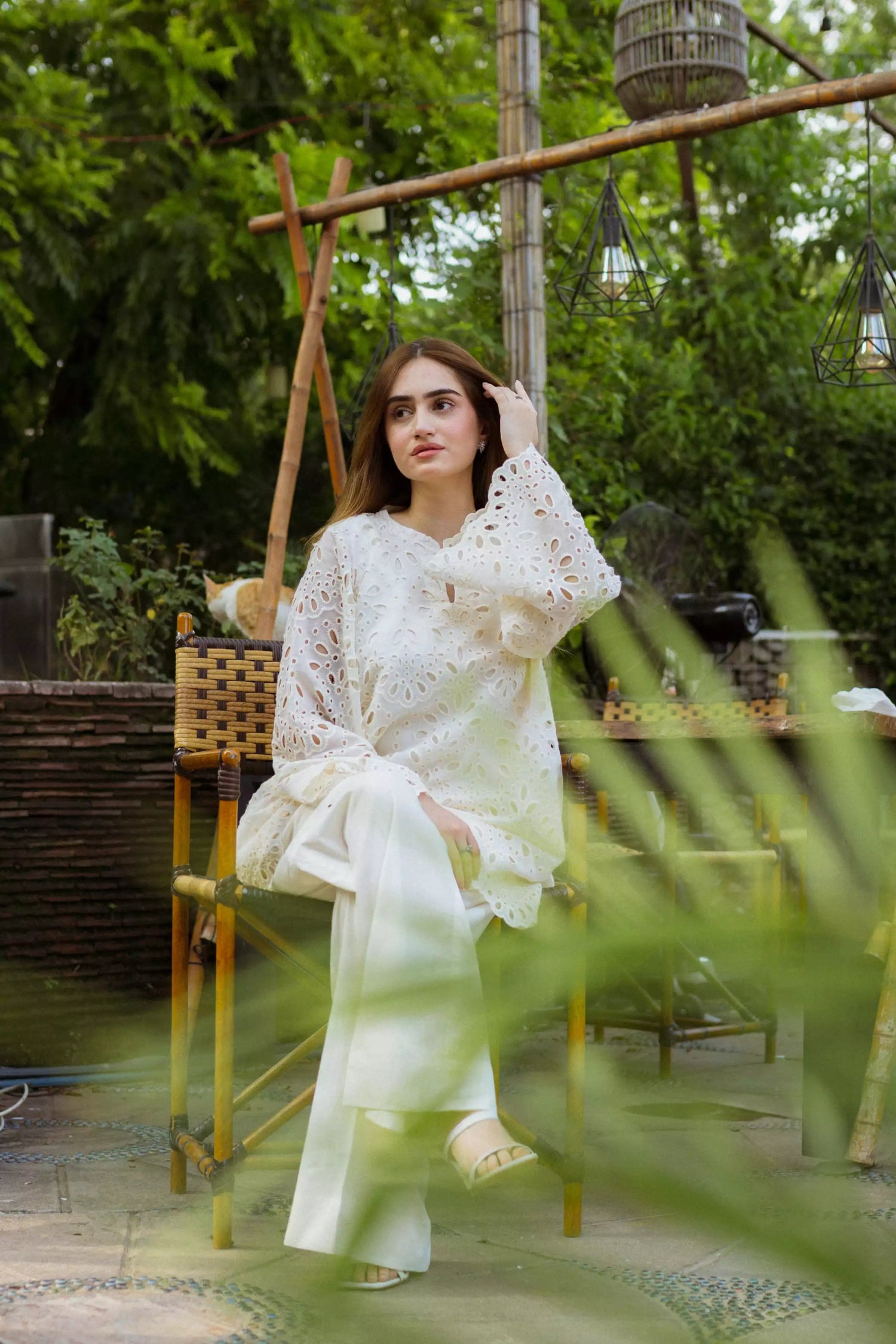Off-white Shiffli Chikan embroidered co-ord set with boot-cut trousers