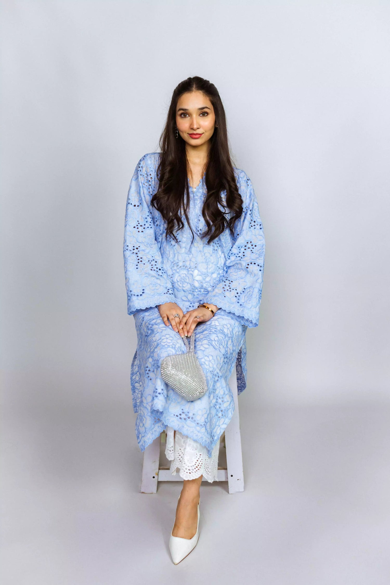 Floral cutwork Chikan kurta with scalloped sleeves