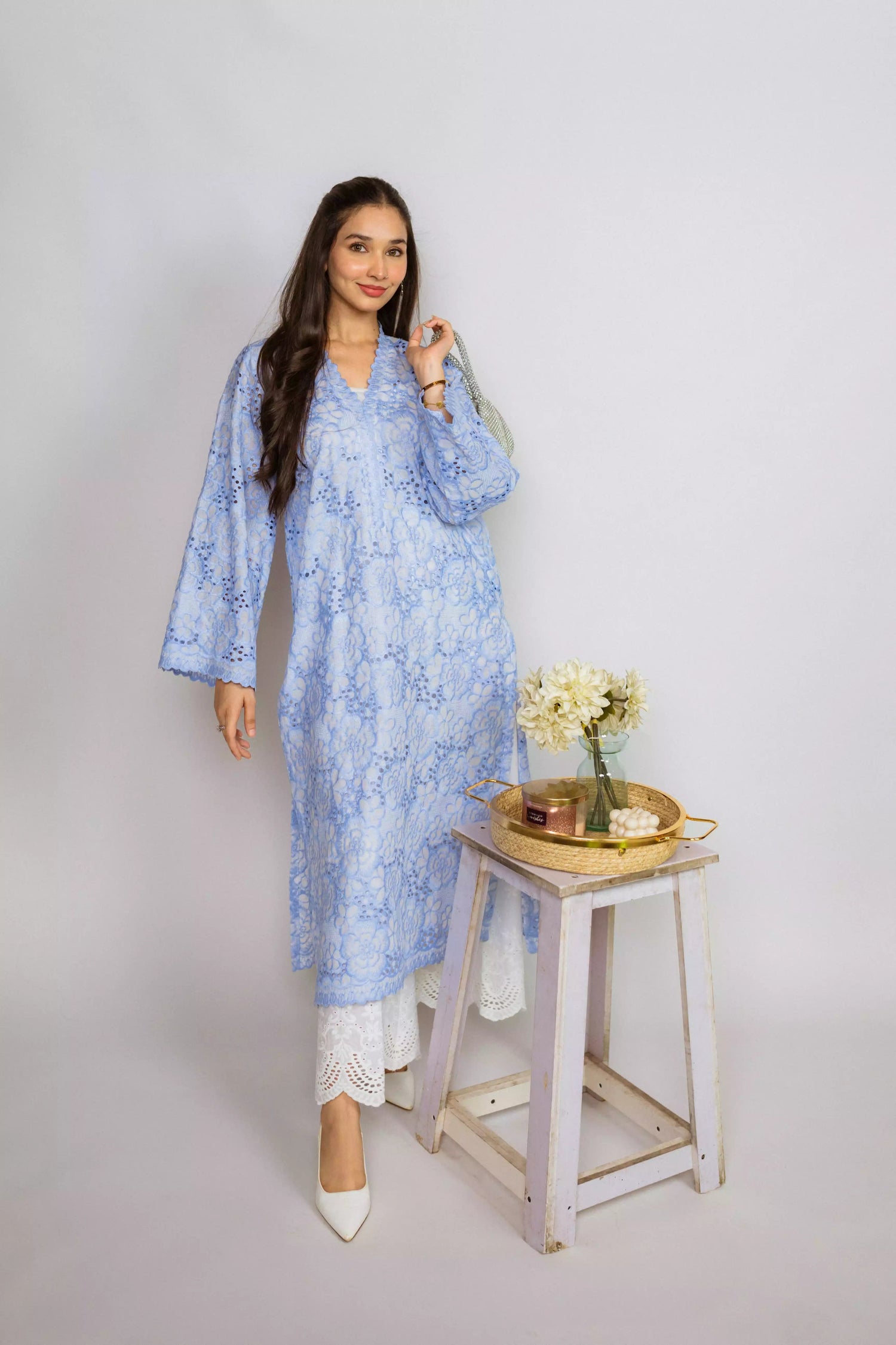 Powder blue floral cutwork Chikan kurta with scalloped sleeves