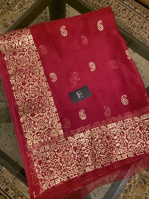 Organza gold block printed duppata