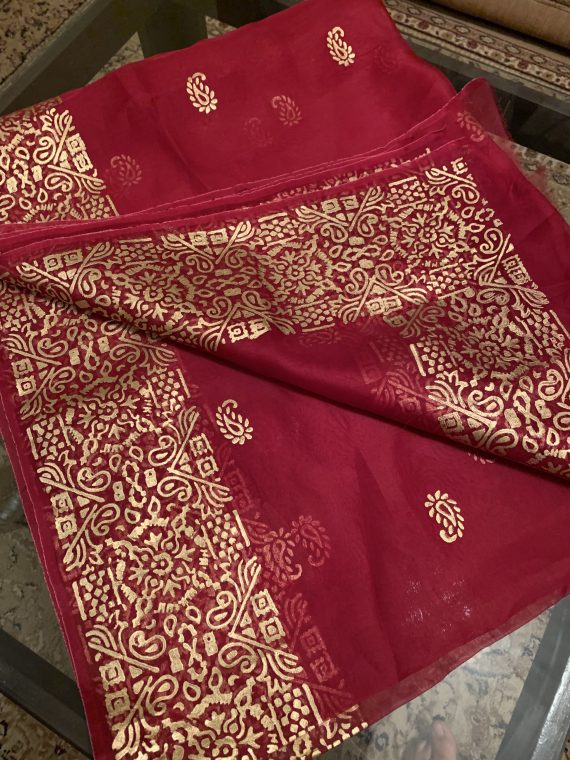 JKD-39 Organza gold block printed duppata