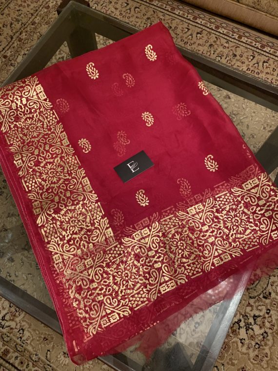 JKD-39 Organza gold block printed duppata
