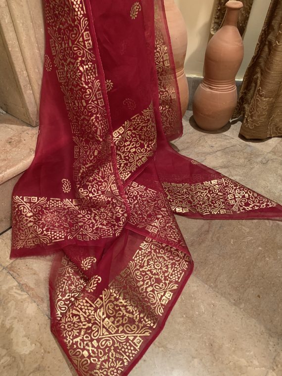 JKD-39 Organza gold block printed duppata