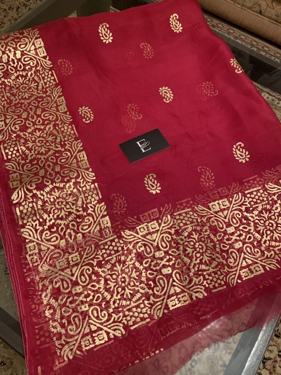 JKD-39 Organza gold block printed duppata