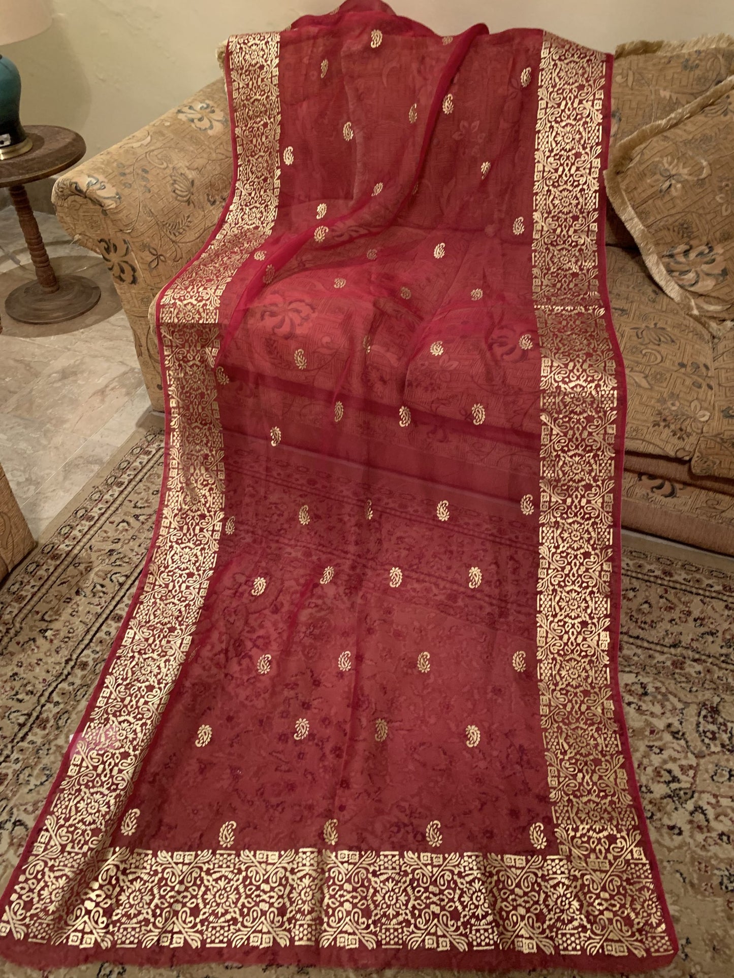 JKD-39 Organza gold block printed duppata