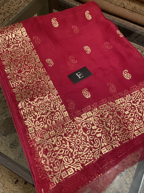 Organza gold block printed duppata