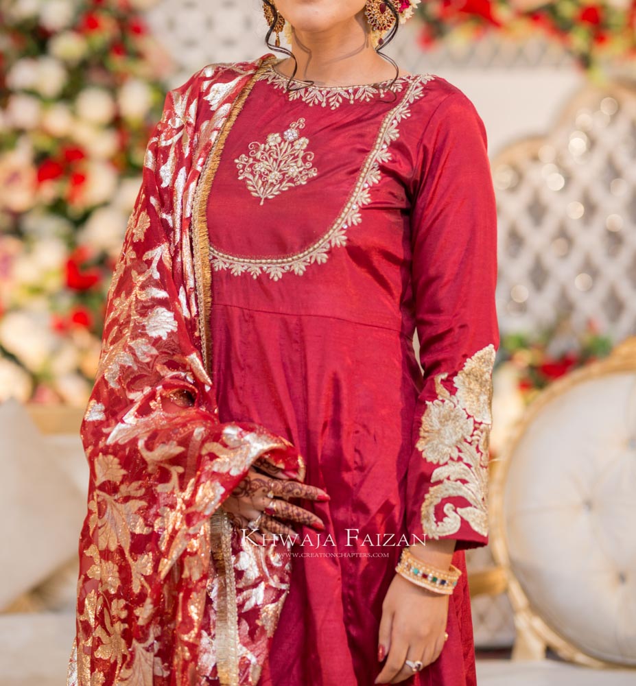 Maroon pishwas with tissue banarsi duppata