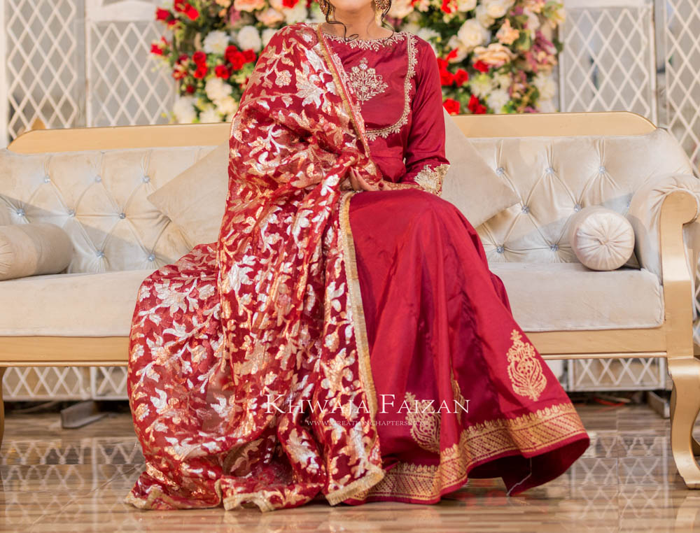 Maroon pishwas with tissue banarsi duppata