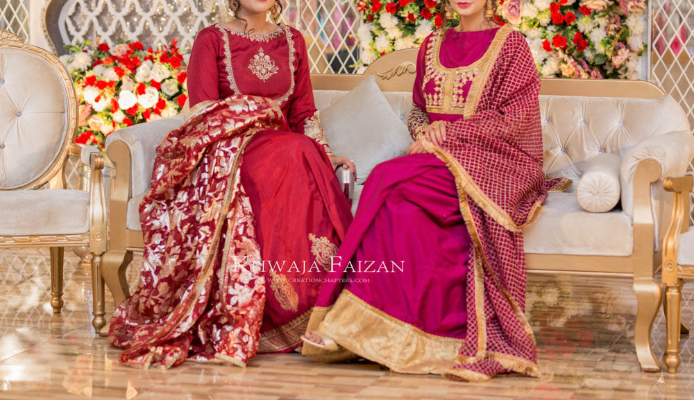 Maroon pishwas with tissue banarsi duppata