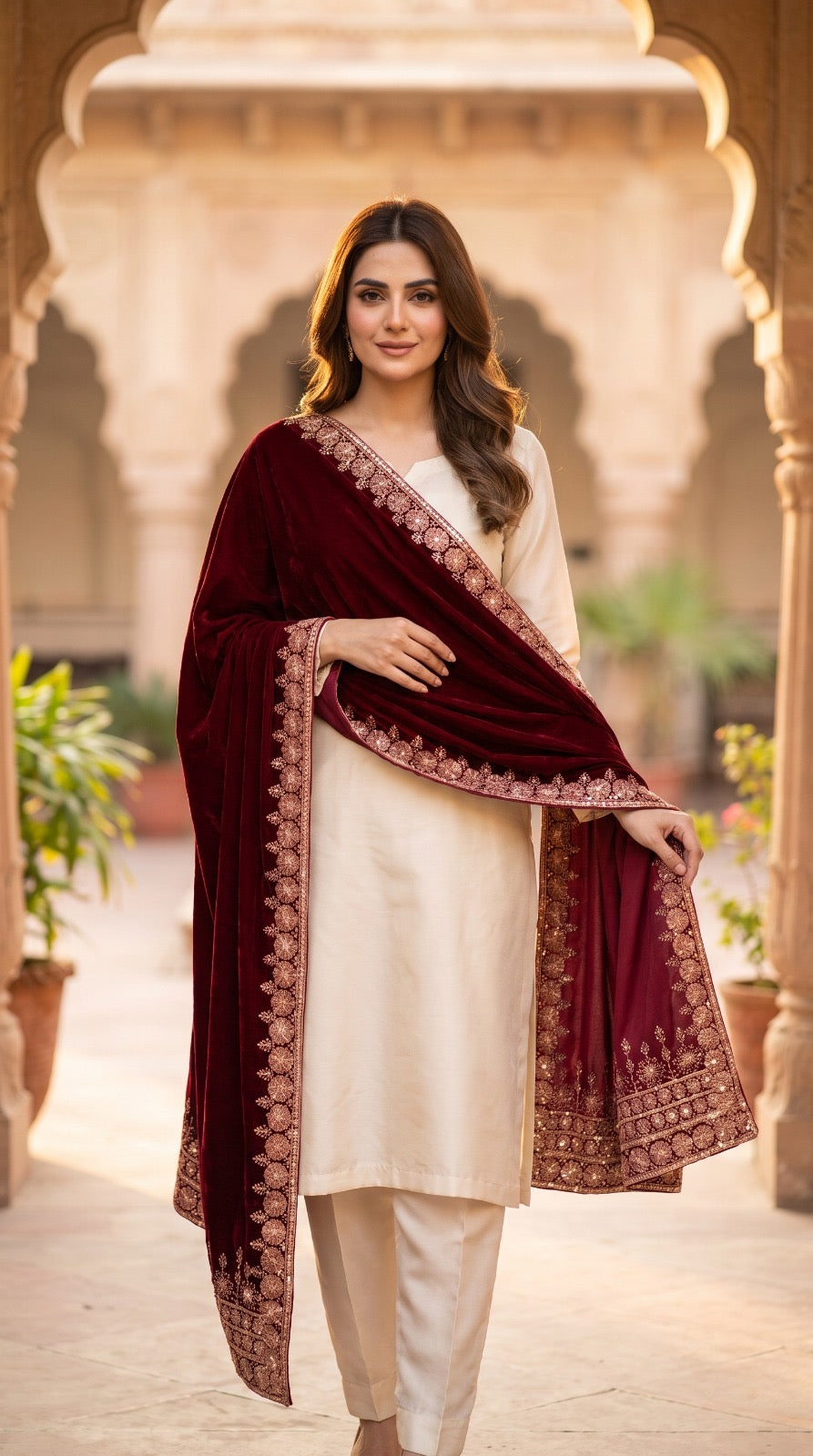 VT-192 Elan Sequence Embroidered Floral Velvet Shawl