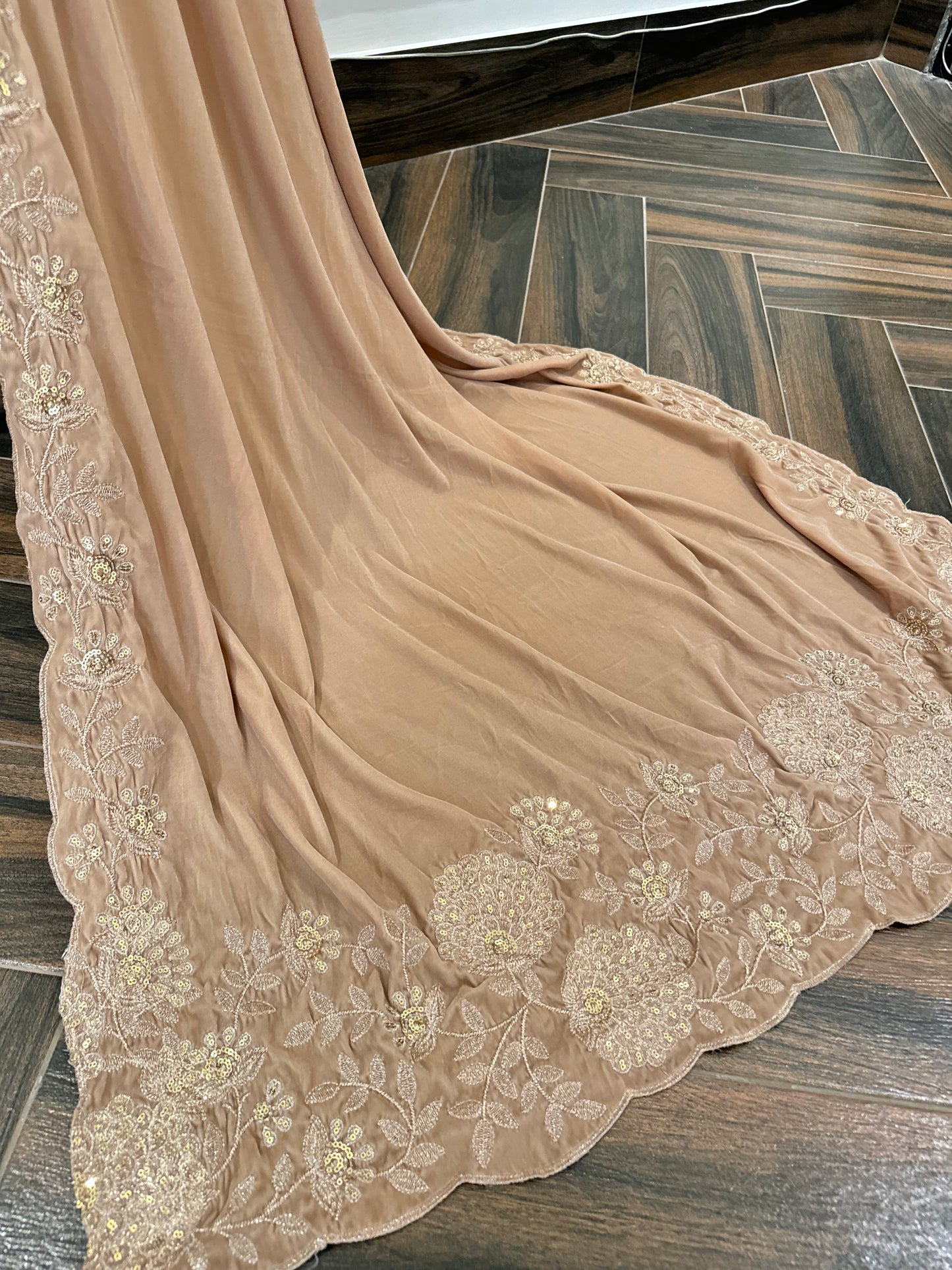 VT-129 Beige gold cutwork floral Embroidered velvet shawl