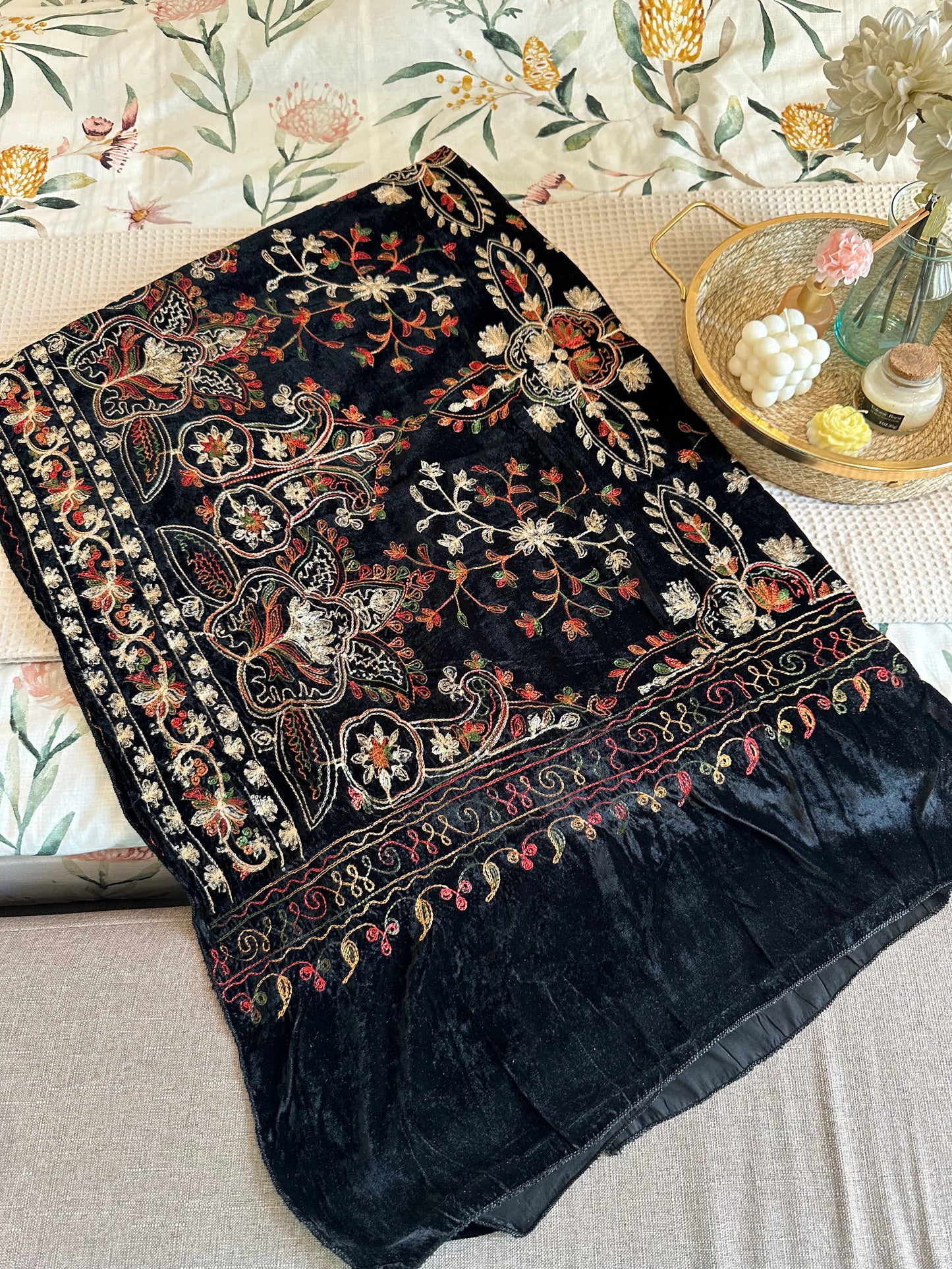 VT-179 Kashmiri multi thread embroidered velvet shawl