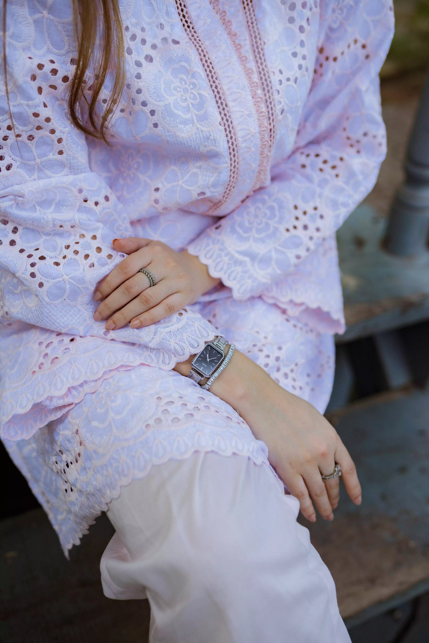 Elegant powder pink kurta featuring detailed Shifli Chikan cutwork and lace accents, complemented by a straight Khari Shalwar.