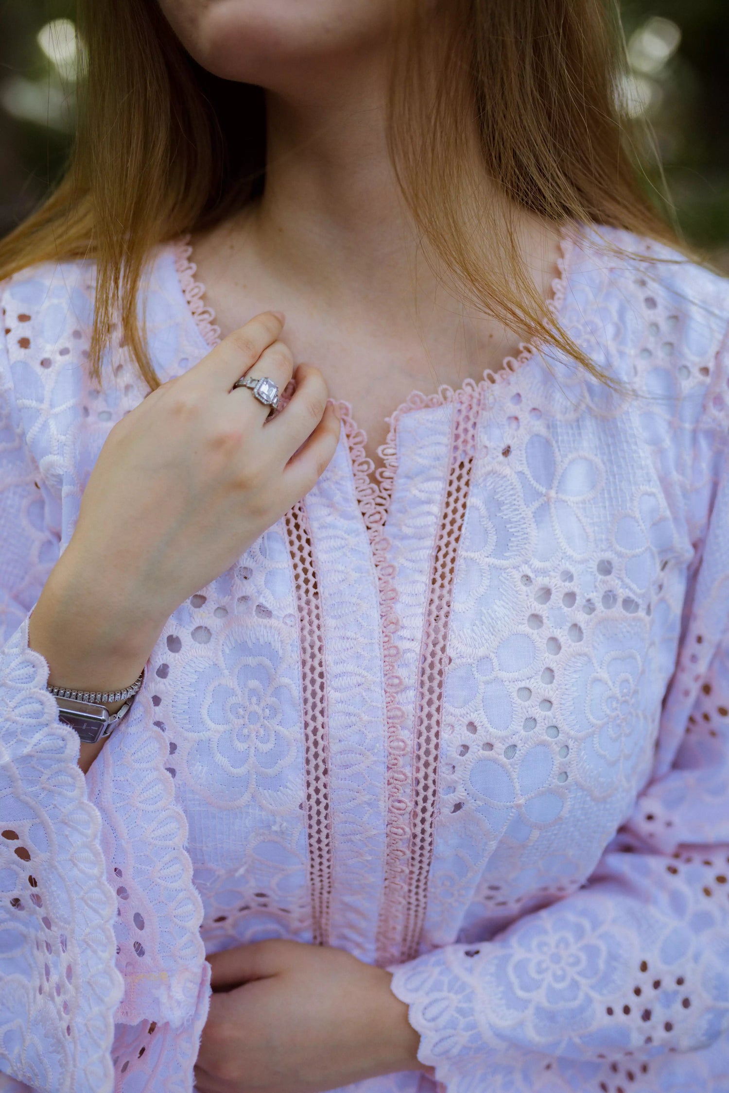 Elegant powder pink kurta featuring detailed Shifli Chikan cutwork and lace accents, complemented by a straight Khari Shalwar.