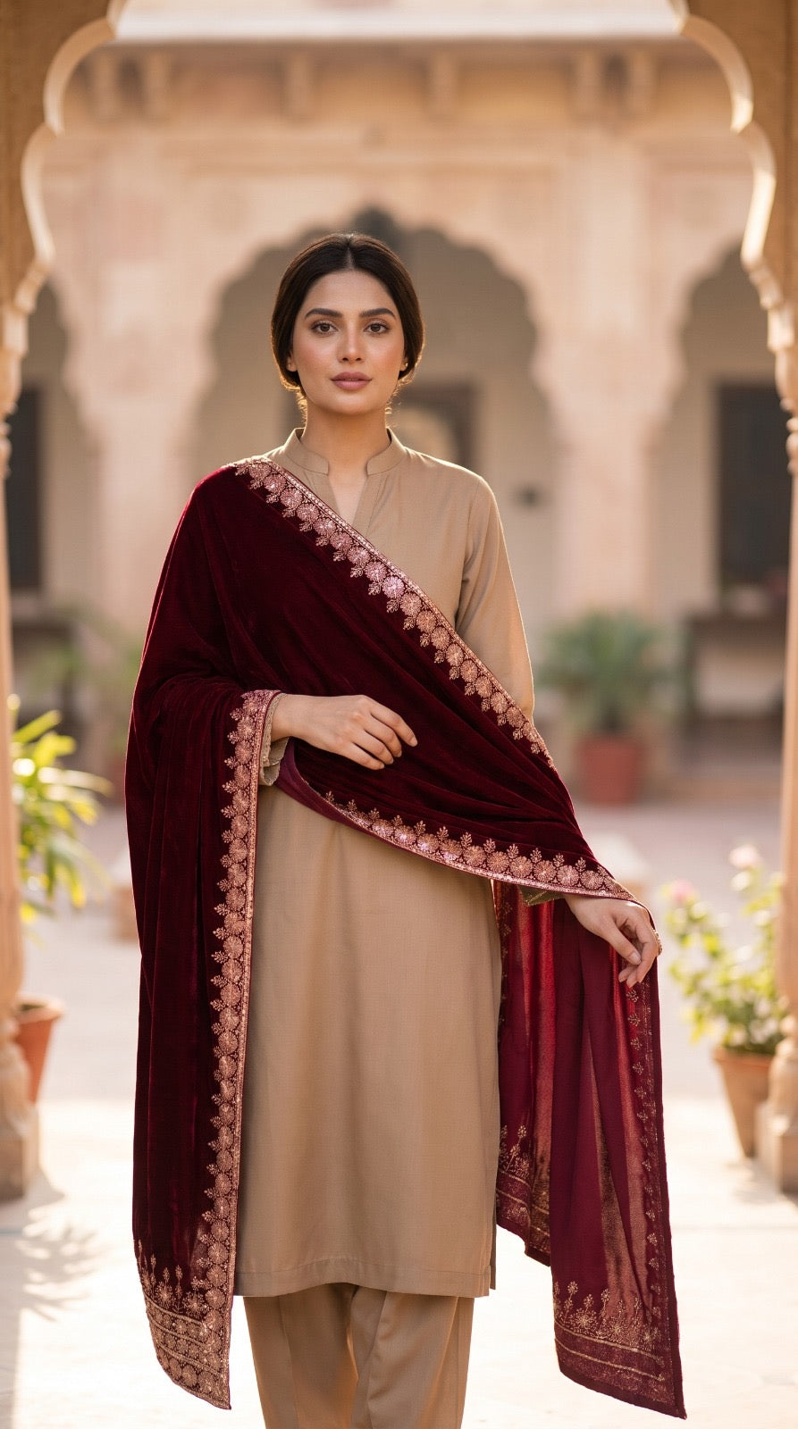 VT-192 Elan Sequence Embroidered Floral Velvet Shawl