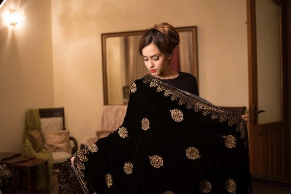Black Block Printed Velvet Shawl with gold motifs, featuring a four-sided border and intricate block print design on luxurious velvet fabric, perfect for weddings and festive occasion.