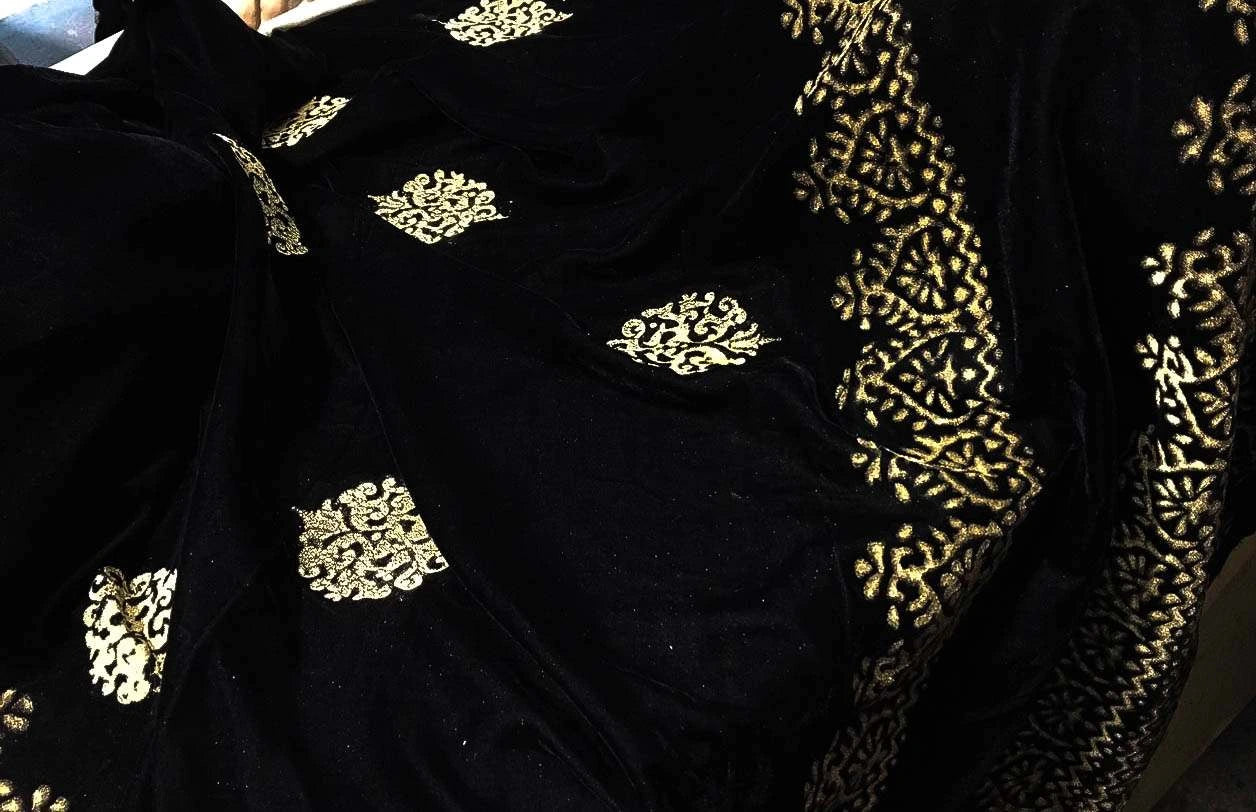 Black Block Printed Velvet Shawl with gold motifs, featuring a four-sided border and intricate block print design on luxurious velvet fabric, perfect for weddings and festive occasion.