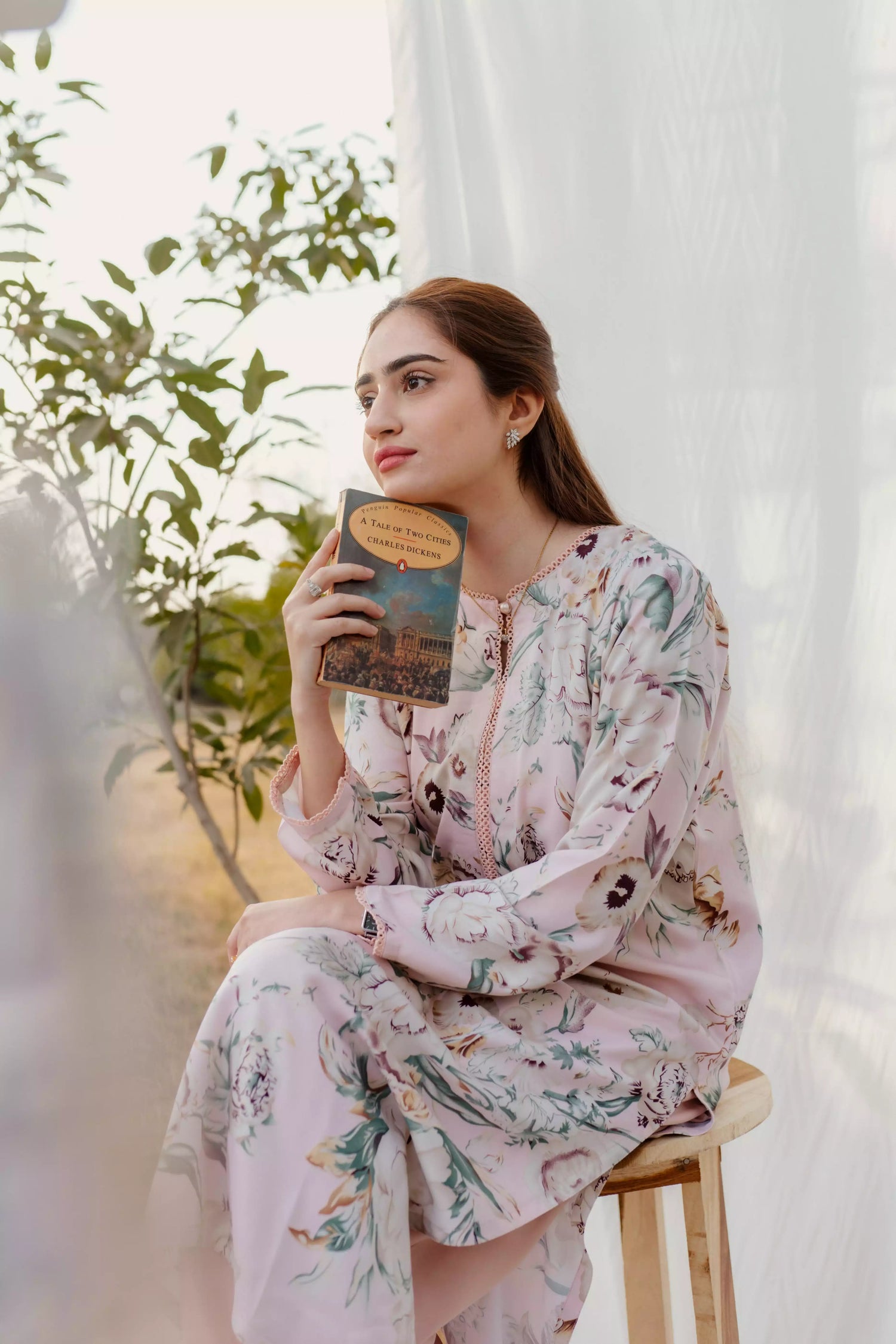 Dusty pink printed long Mareena shirt with flared trousers