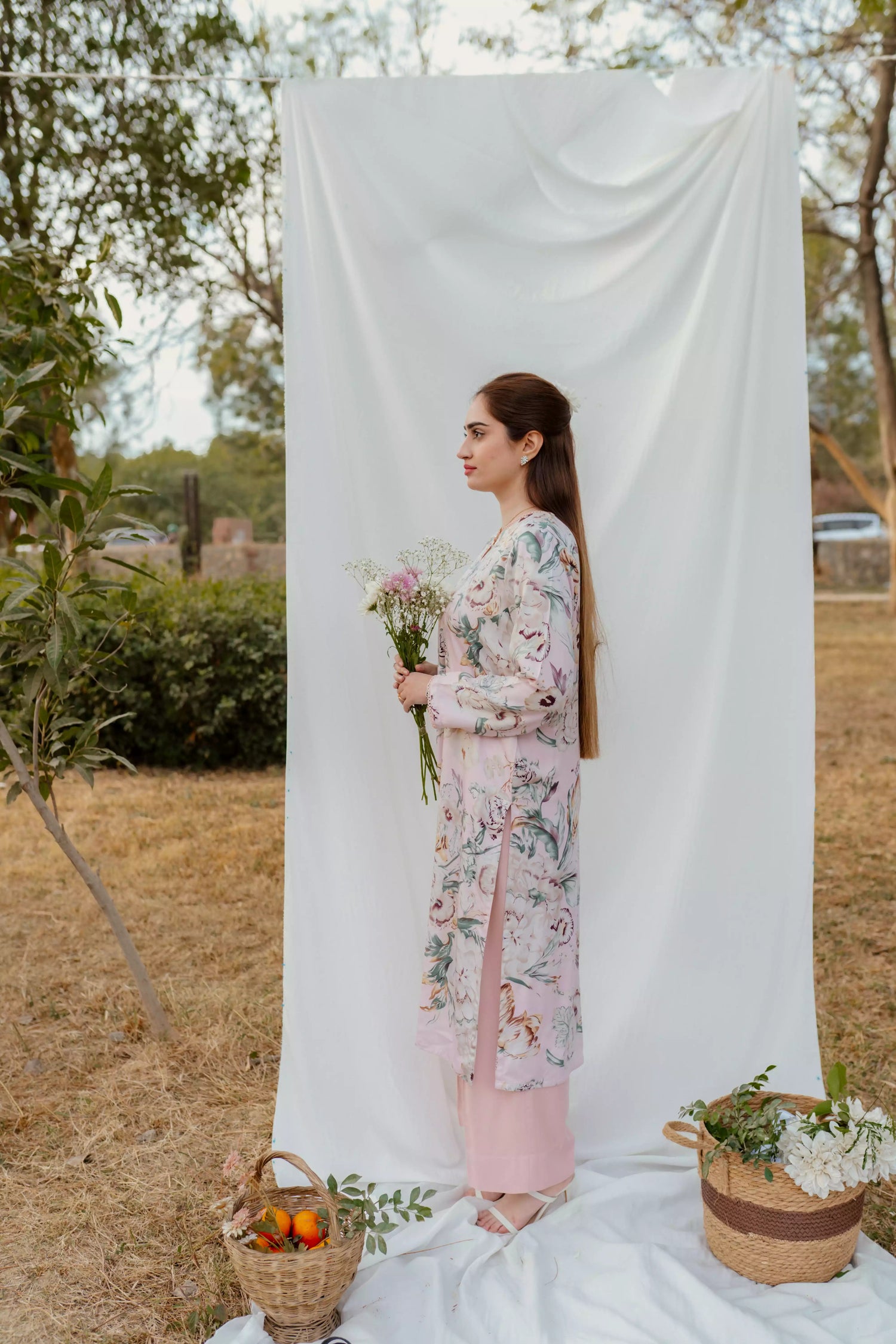 Dusty pink printed long Mareena shirt with flared trousers