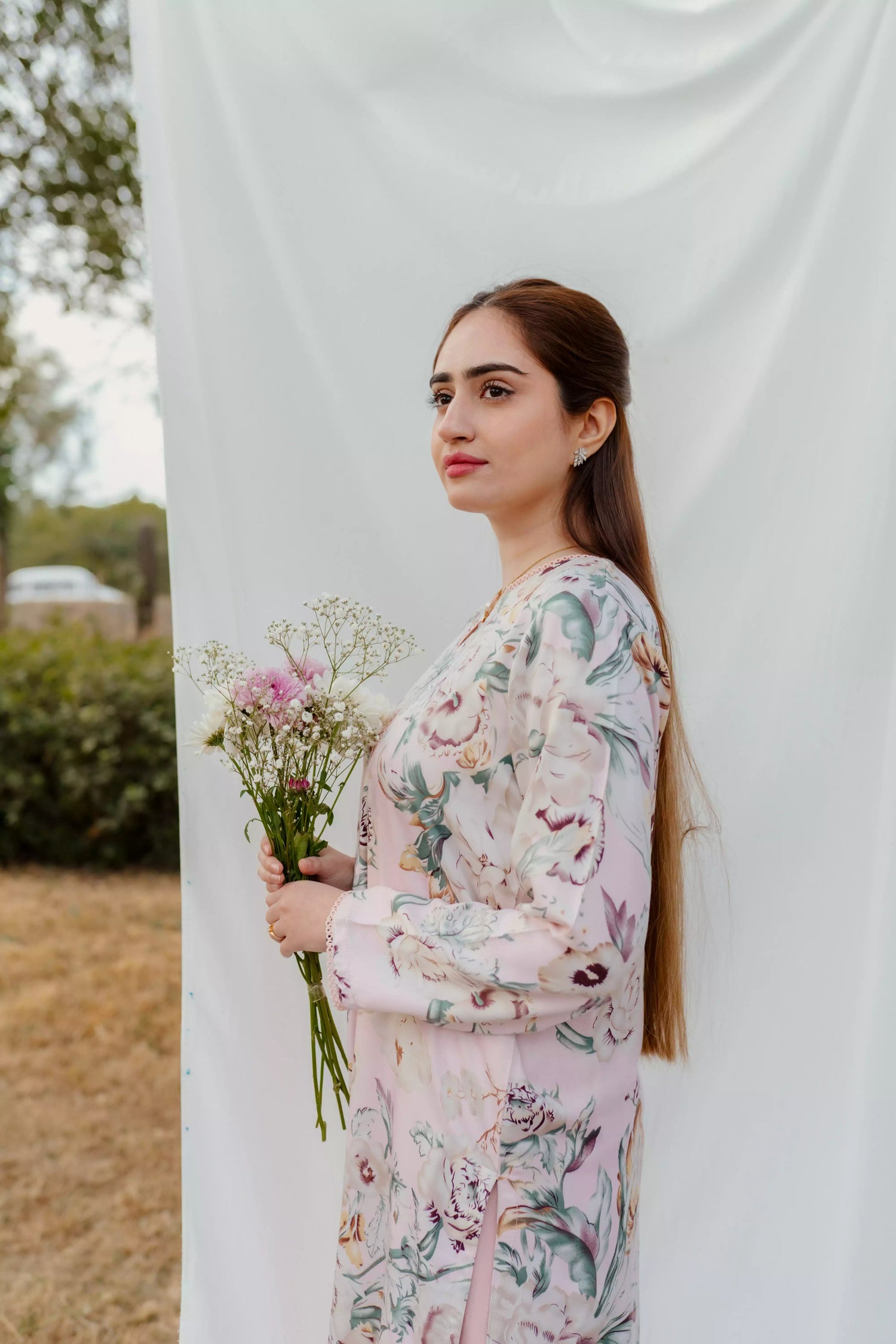 Dusty pink printed long Mareena shirt with flared trousers