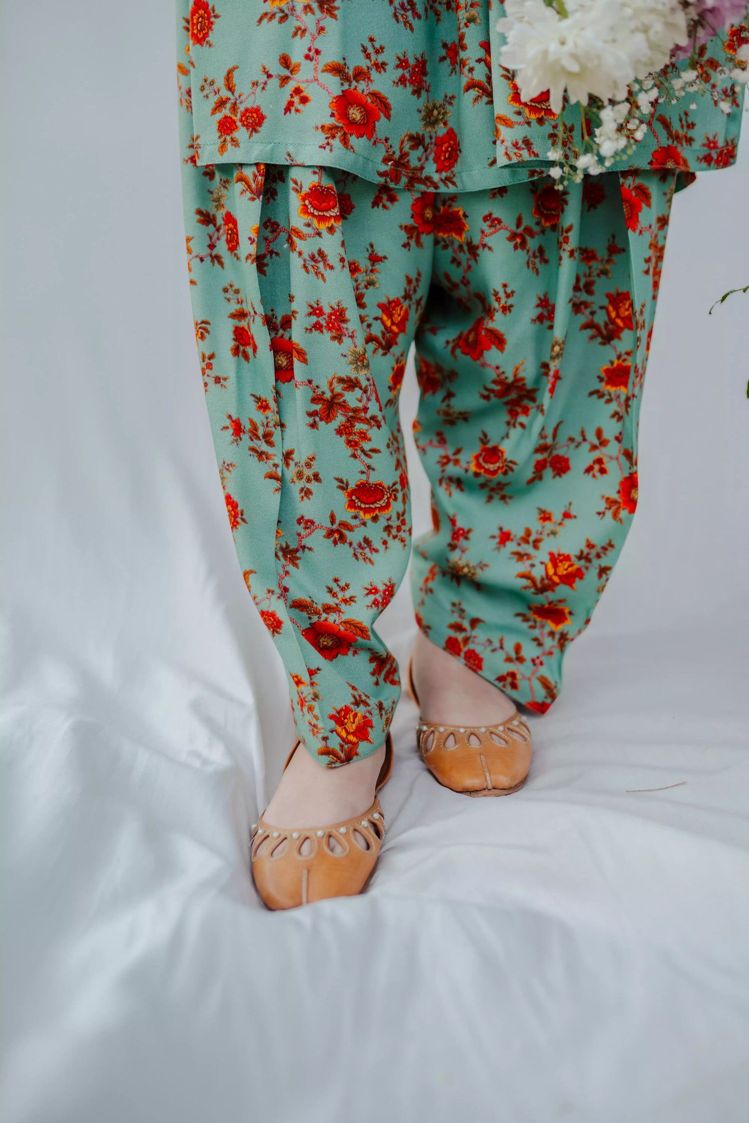 Mint green floral Mareena kameez with flared shalwar