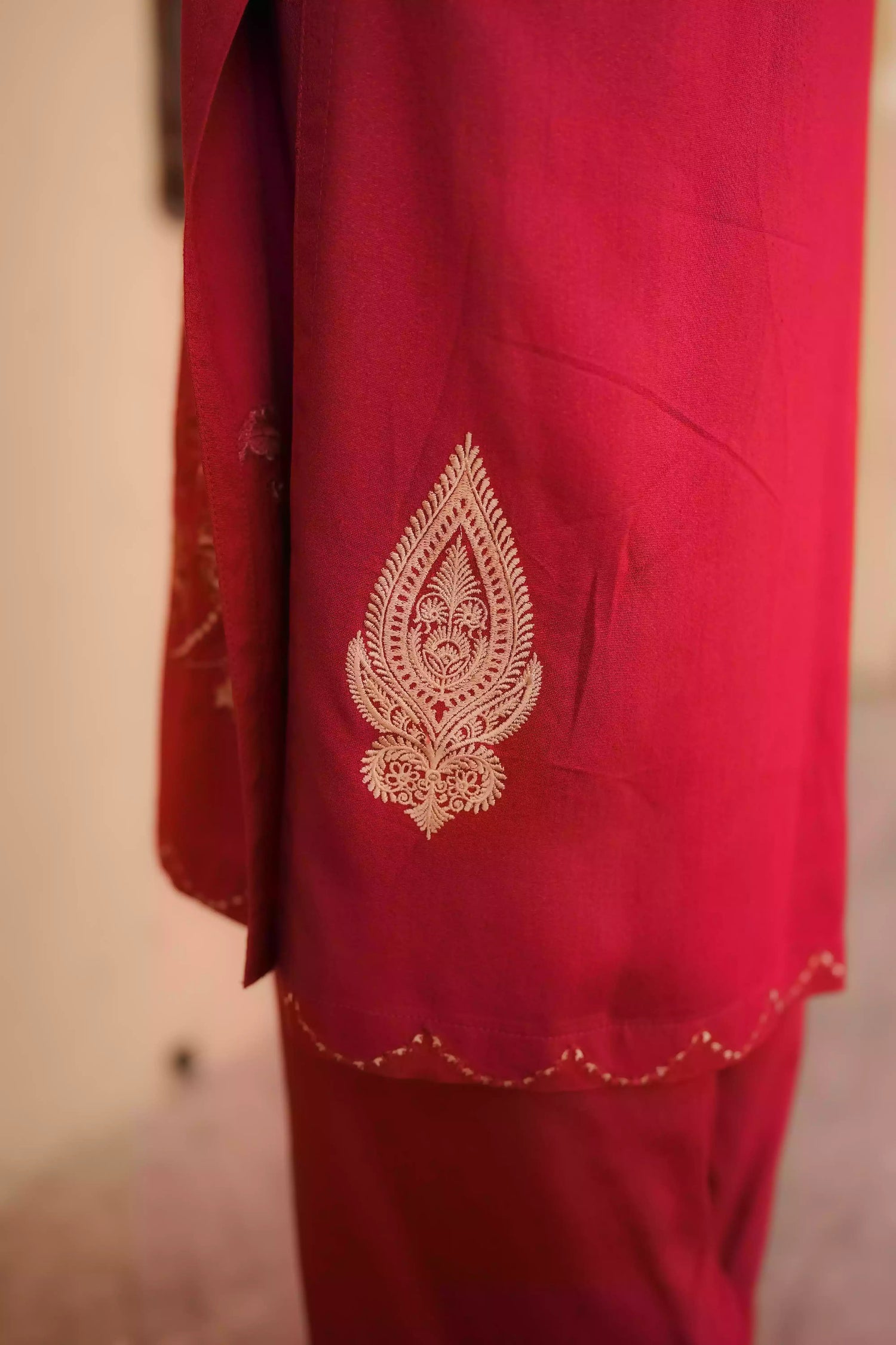 An embroidered suit with delicate motifs and subtle threadwork along the borders. The look is paired with a beautifully adorned trouser accented with a rich hint of red, creating a warm, festive appearance ideal for celebrations and winter gatherings.