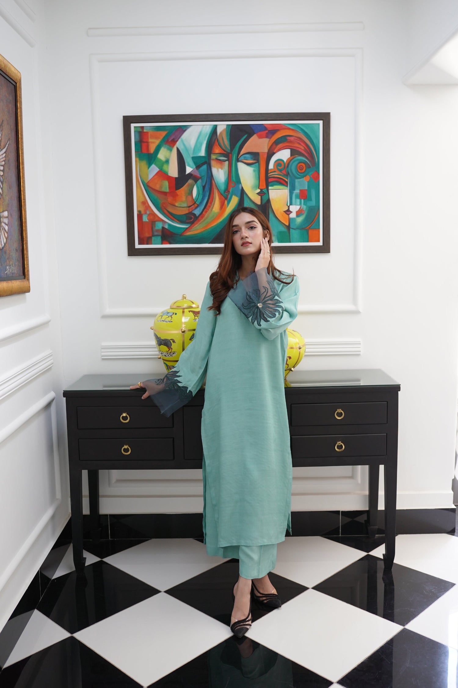 Jade Mint Green Floral Embroidered Rawsilk & Organza Dress (3-Piece) Eleganza Jade Mint Green Floral Embroidered Rawsilk & Organza Dress (3-Piece) Eleganza