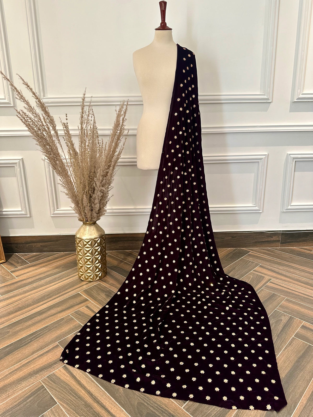Luxurious lilac velvet shawl with intricate tila and sequin embroidery, draped elegantly, perfect for evening wear or special occasions.