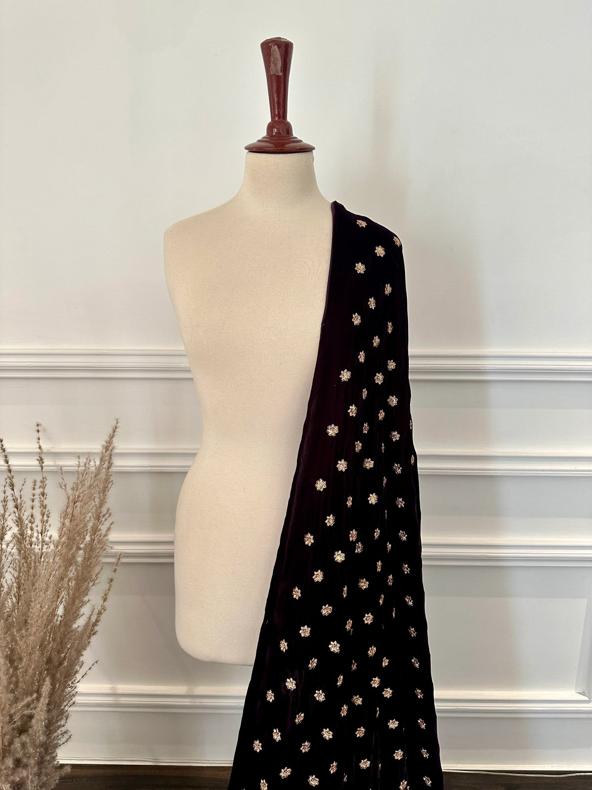 Luxurious lilac velvet shawl with intricate tila and sequin embroidery, draped elegantly, perfect for evening wear or special occasions.