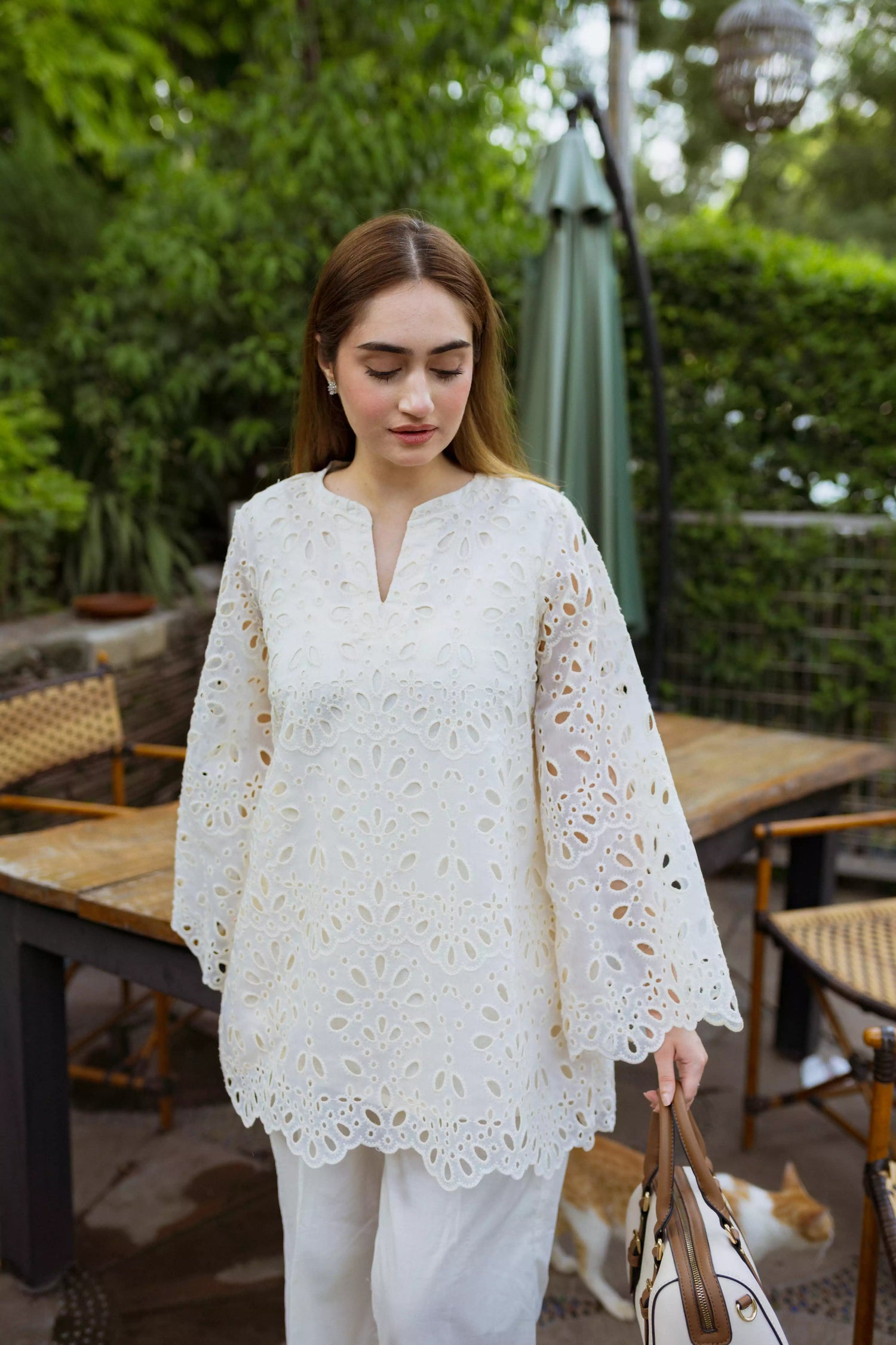 Off-white Shiffli Chikan embroidered co-ord set with boot-cut trousers

