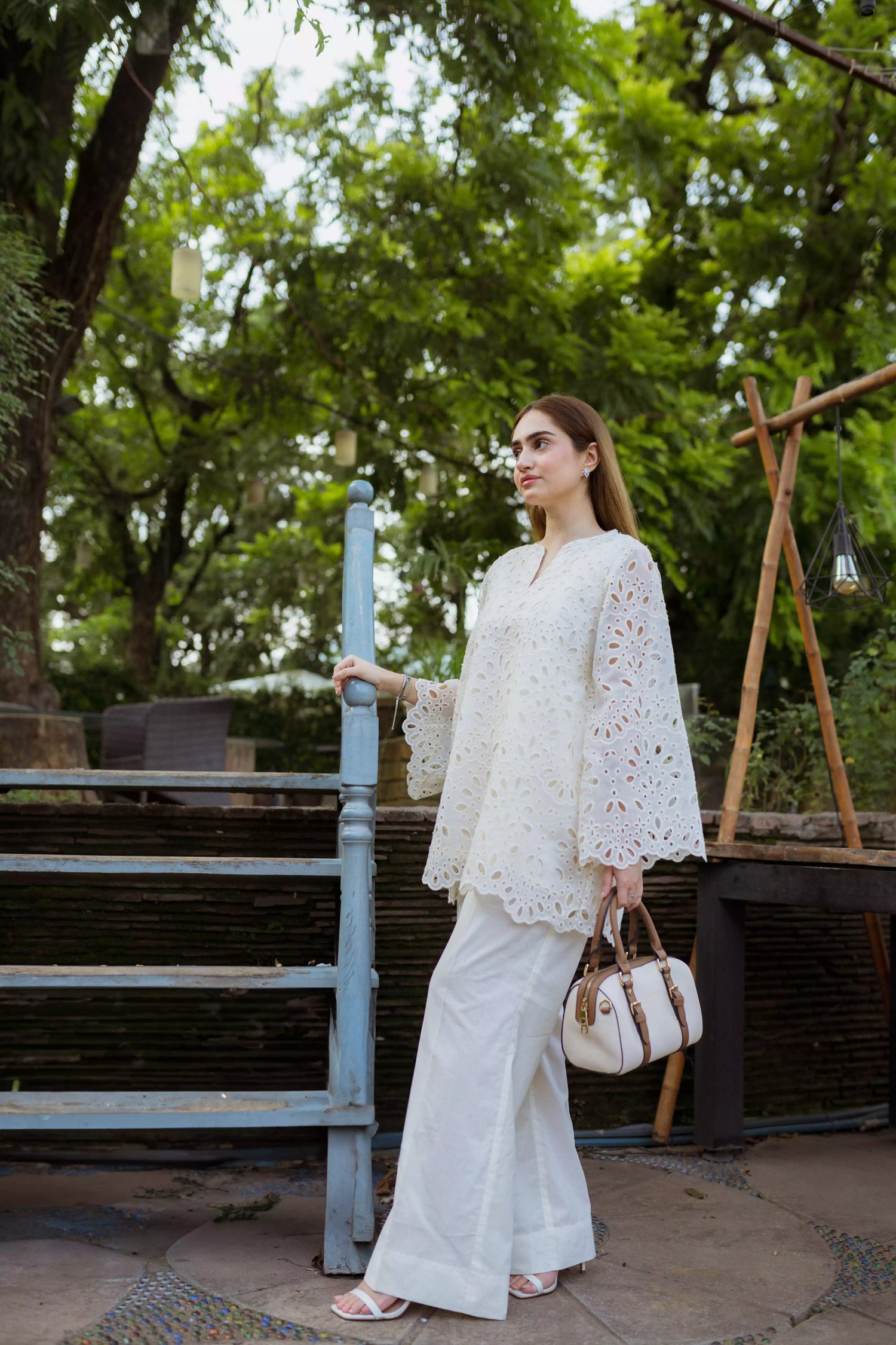 Off-white Shiffli Chikan embroidered co-ord set with boot-cut trousers

