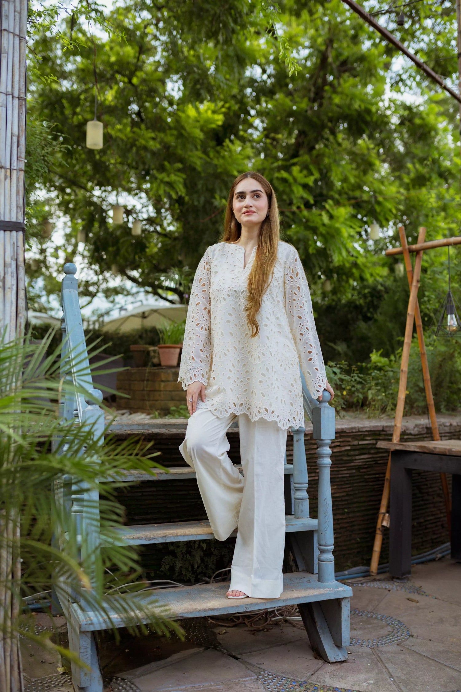 Off-white Shiffli Chikan embroidered co-ord set with boot-cut trousers

