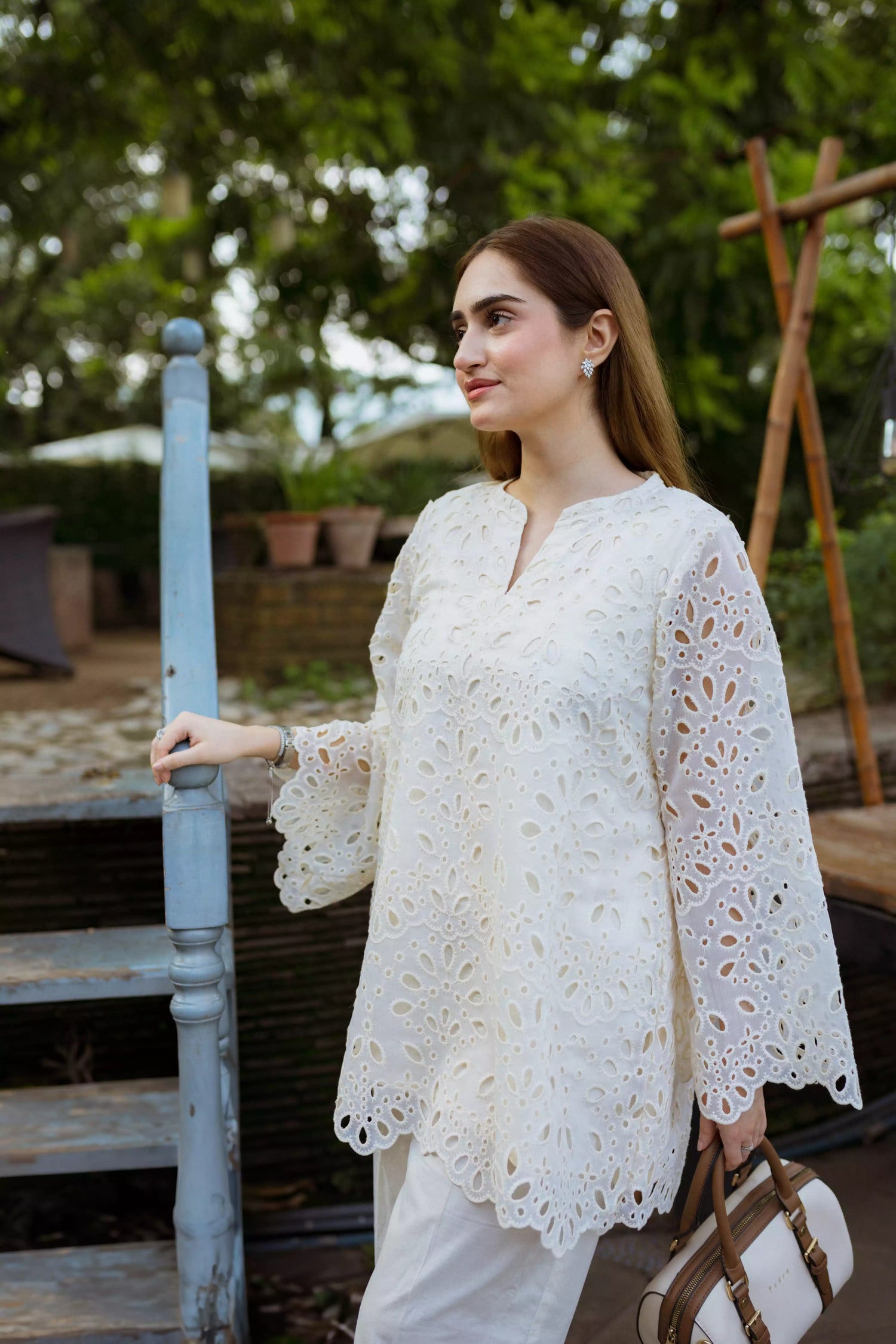 Off-white Shiffli Chikan embroidered co-ord set with boot-cut trousers

