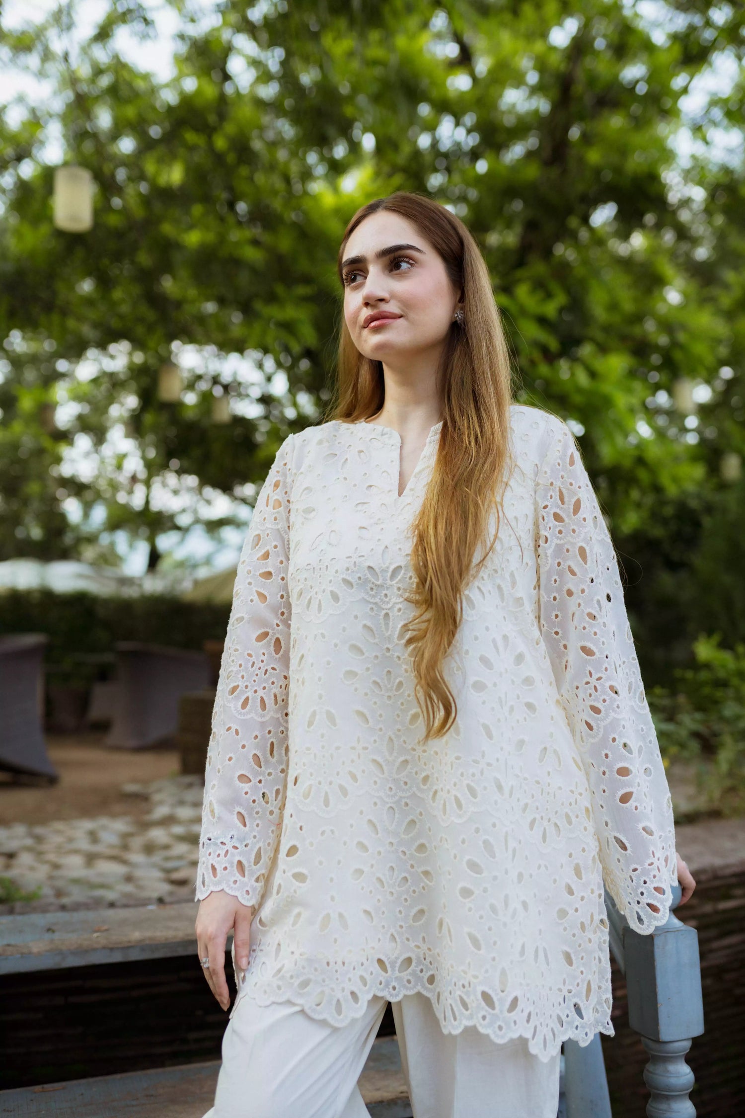 Off-white Shiffli Chikan embroidered co-ord set with boot-cut trousers

