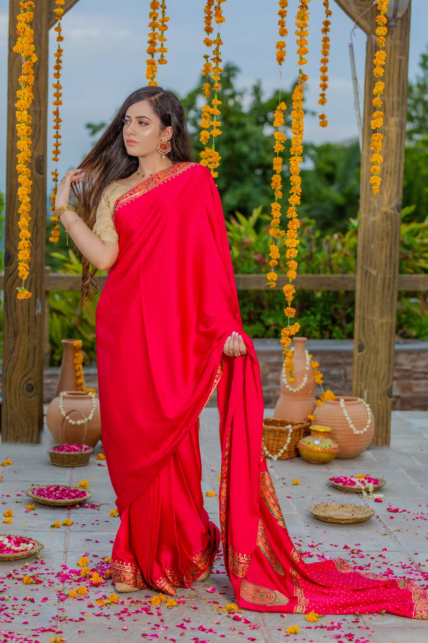 Elegant silk block printed saree with intricate border designs and heavy block printed pallu, paired with a tila embroidered blouse. Perfect for formal events.