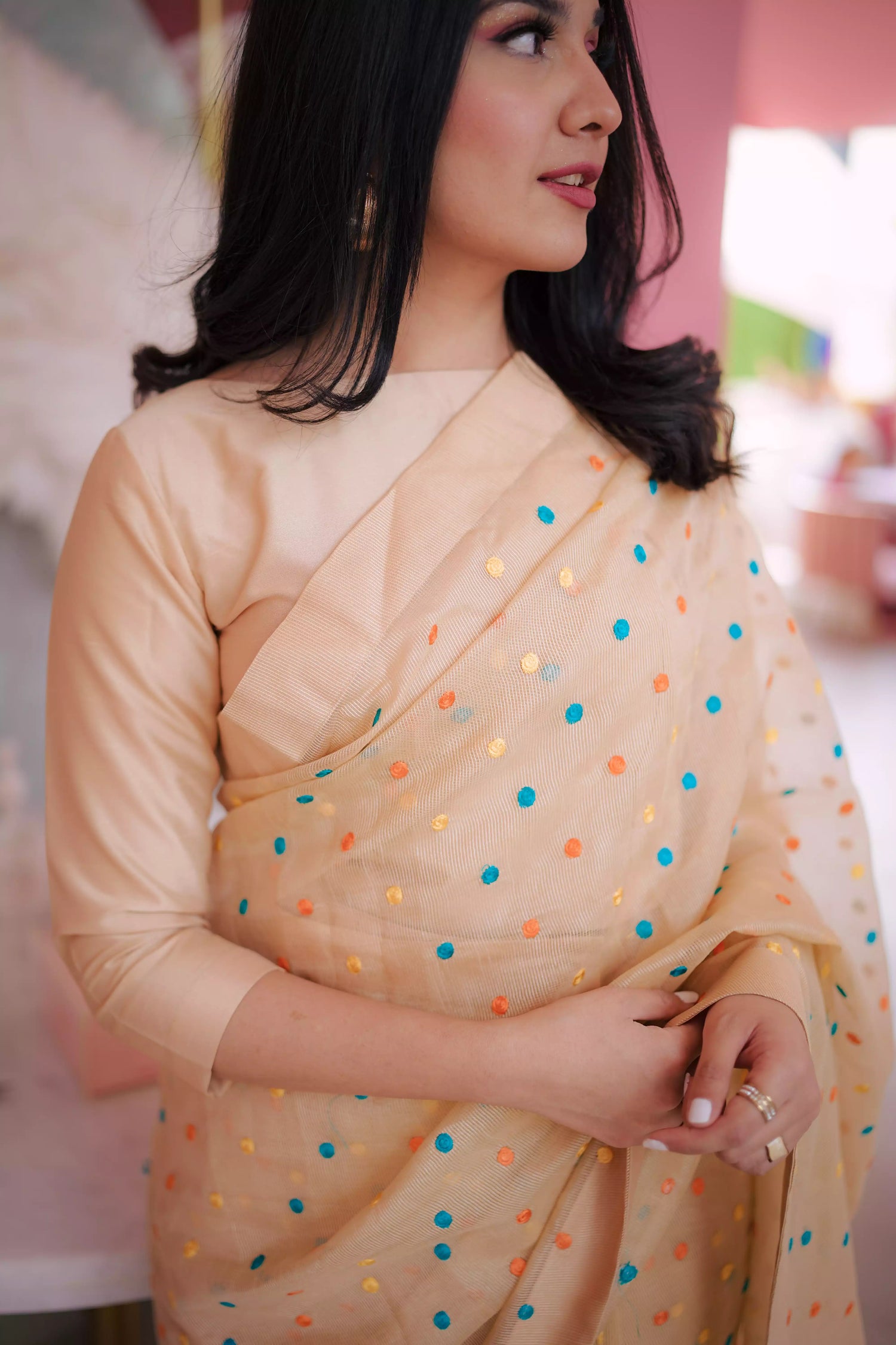 A saree adorned with multi-colored embroidered dots highlighting graceful attire.