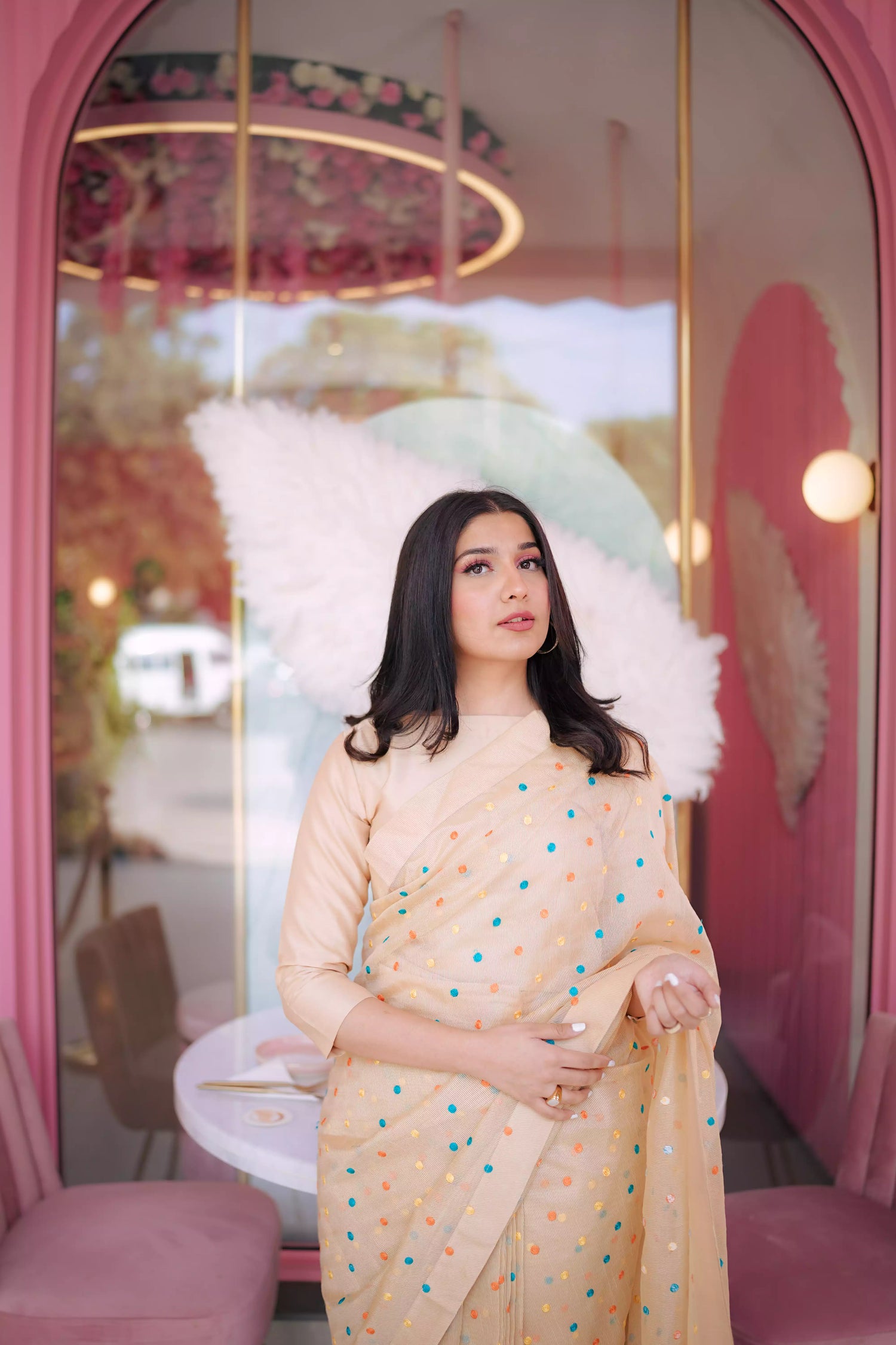 A saree adorned with multi-colored embroidered dots highlighting graceful attire.