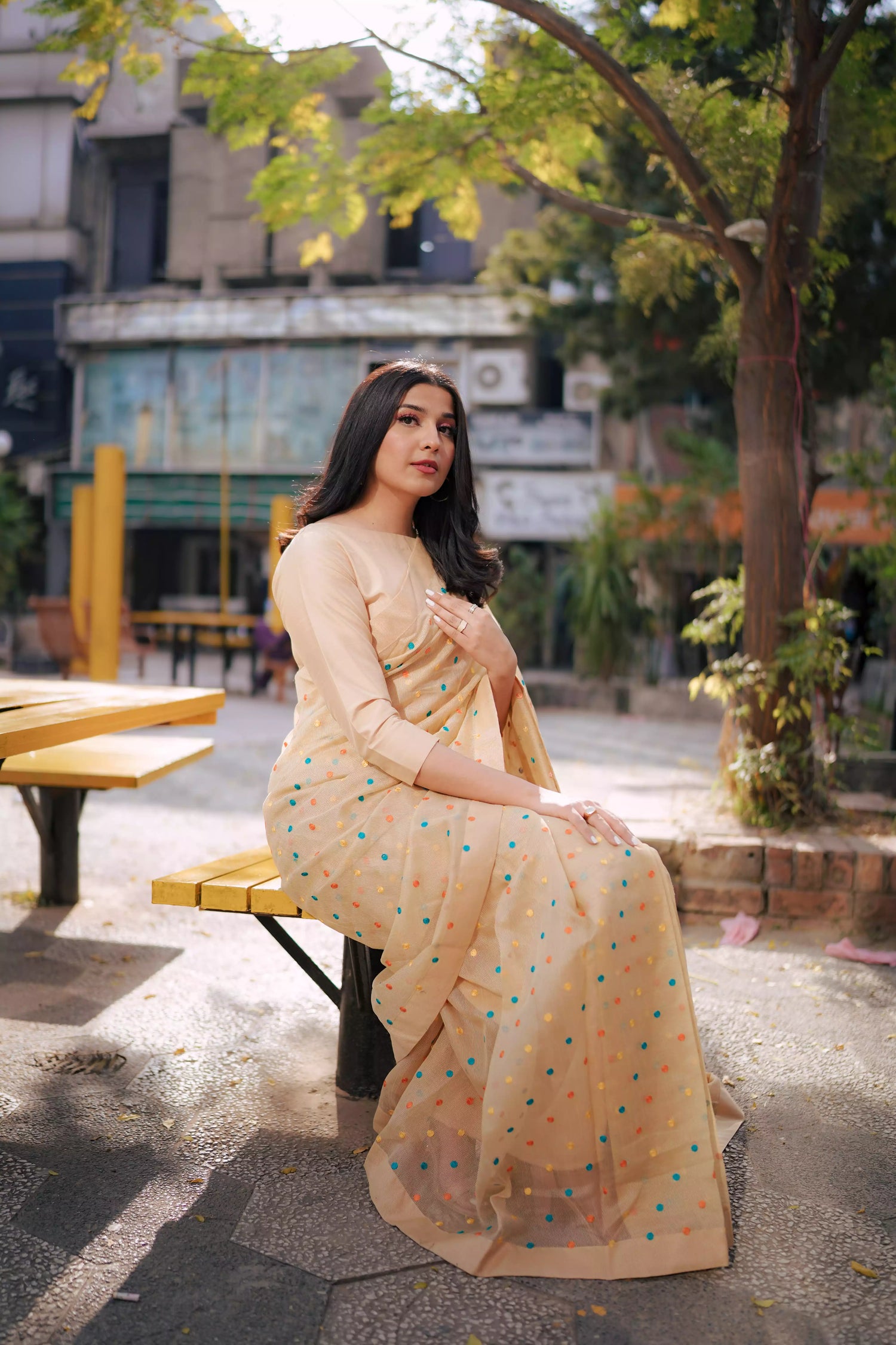 A saree adorned with multi-colored embroidered dots highlighting graceful attire.