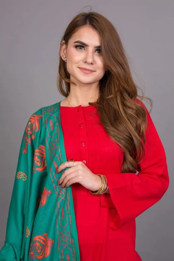 A stunning teal shawl featuring red and orange block printed motifs, crafted from soft and breathable Swiss Khadar fabric, perfect for semi-formal or formal events.