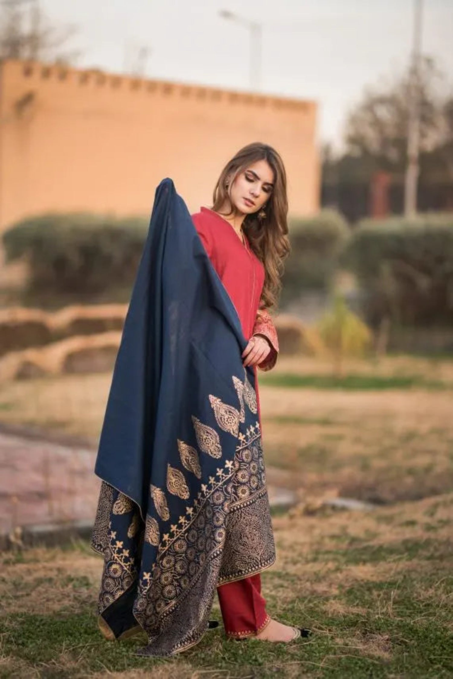 A navy blue shawl with golden block printed design adored with golden piko finishing exuding elegance and sophistication.