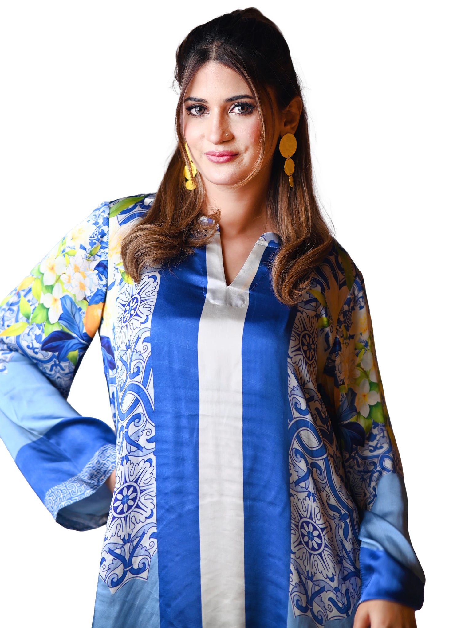 A blue and yellow cord set patterned pants, inspired by the sunny shores and vibrant colors of Santorini.