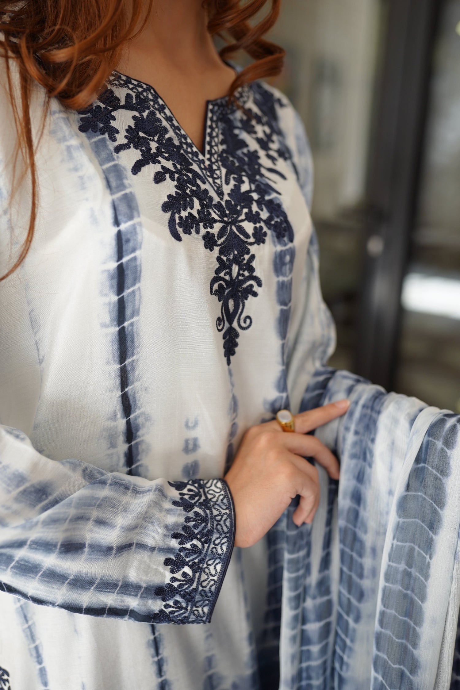 Sapphire Tie-Dye & Embroidered 3-Piece Dress in Rawsilk & Chiffon Eleganza Sapphire Tie-Dye & Embroidered 3-Piece Dress in Rawsilk & Chiffon Eleganza